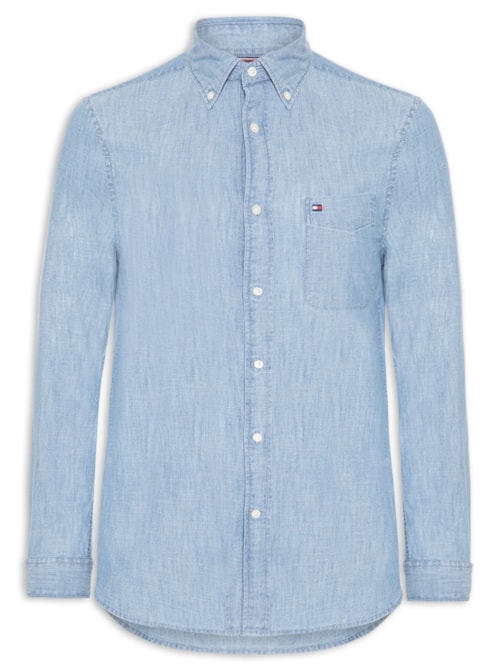 Camisa Masculina Casual Regular Fit Com Bolsos Em Chambray – Azul