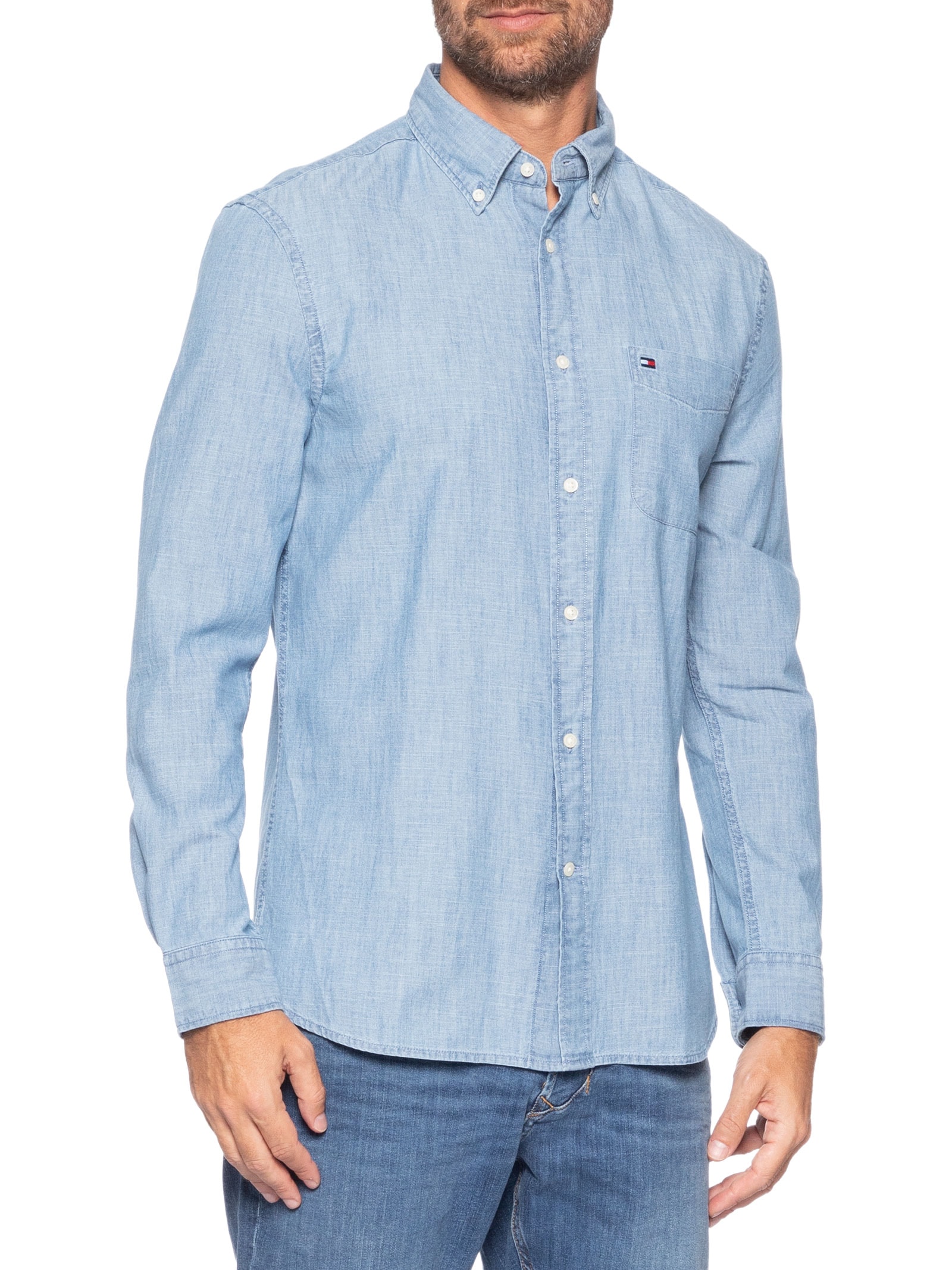 Camisa Masculina Casual Regular Fit Com Bolsos Em Chambray Azul Tommy Hilfiger