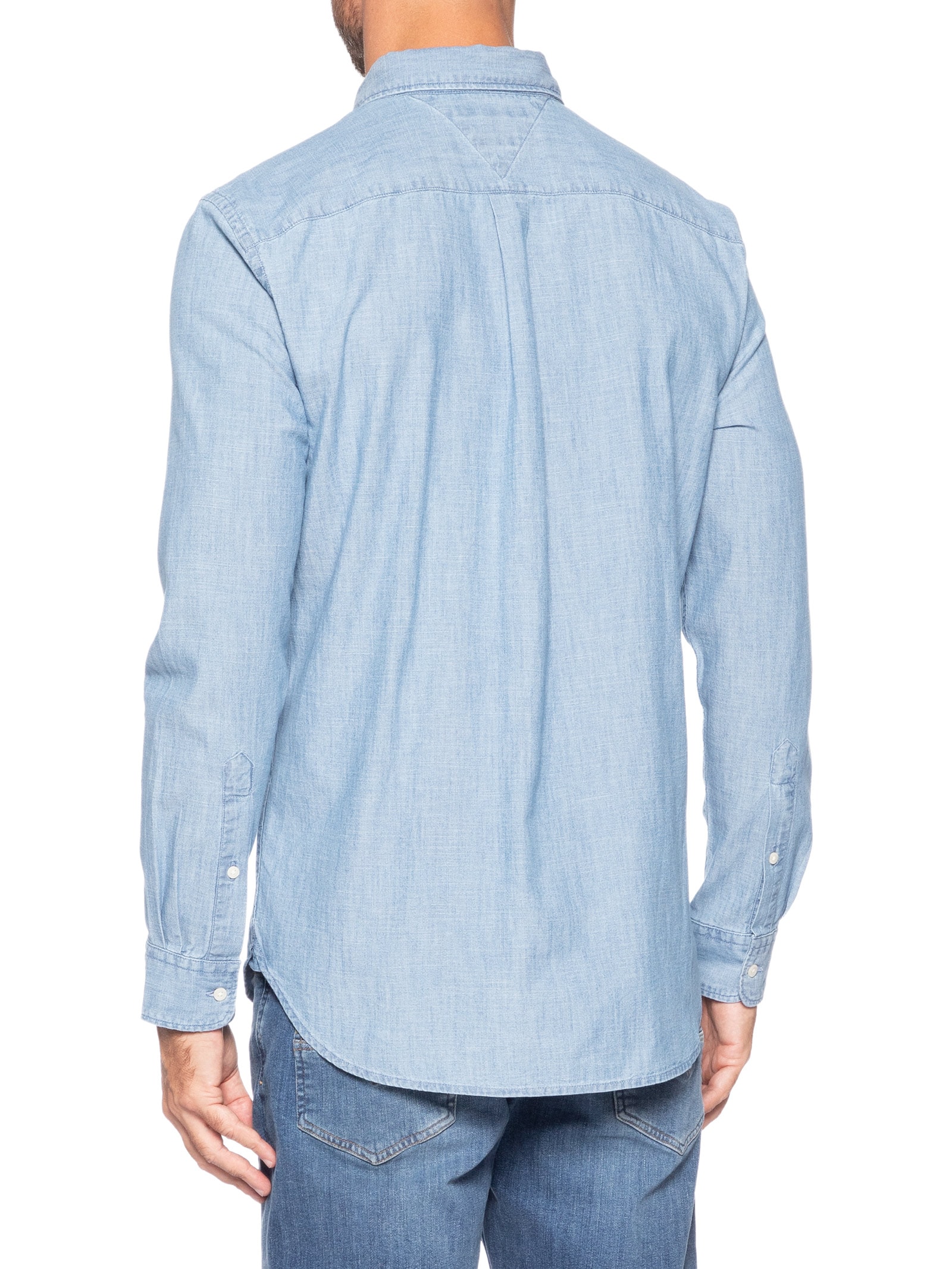 Camisa Masculina Casual Regular Fit Com Bolsos Em Chambray Azul Tommy Hilfiger