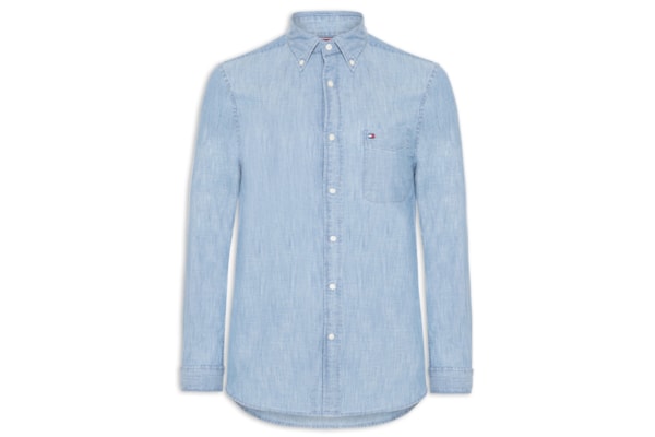 Camisa Masculina Casual Regular Fit Com Bolsos Em Chambray - Azul