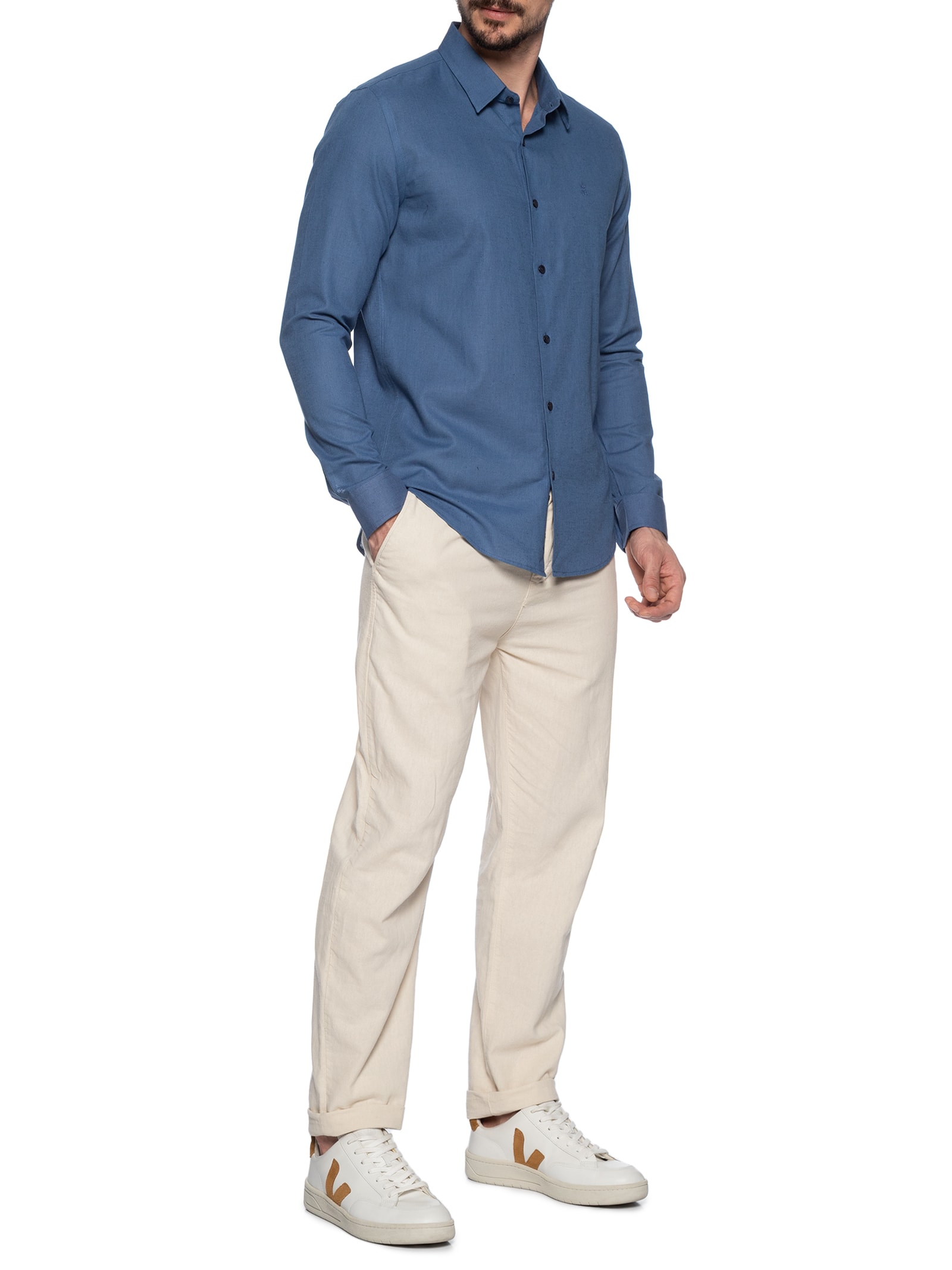 Camisa Masculina Casual Regular Fit Em Linho Azul Sergio K