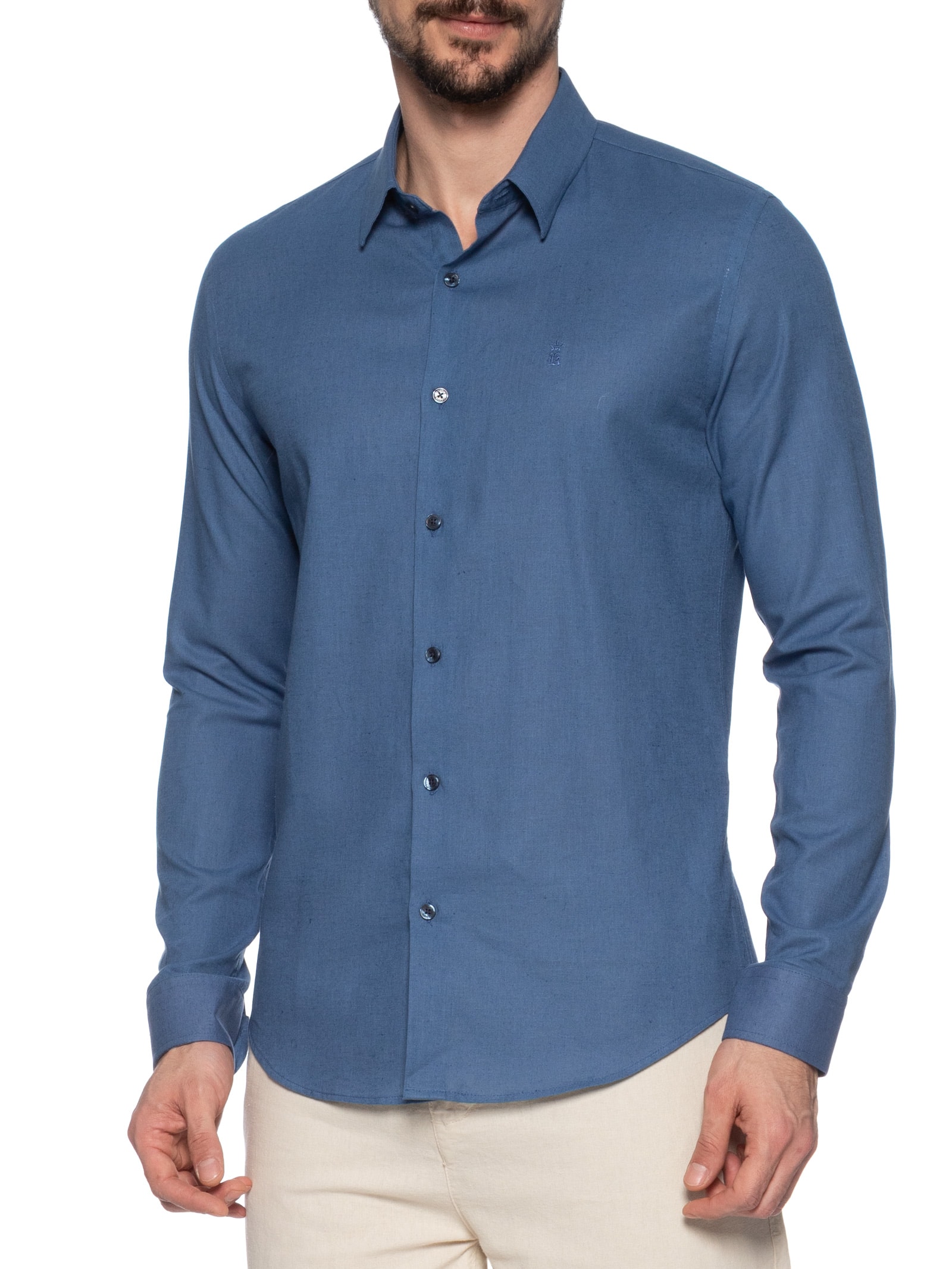Camisa Masculina Casual Regular Fit Em Linho Azul Sergio K
