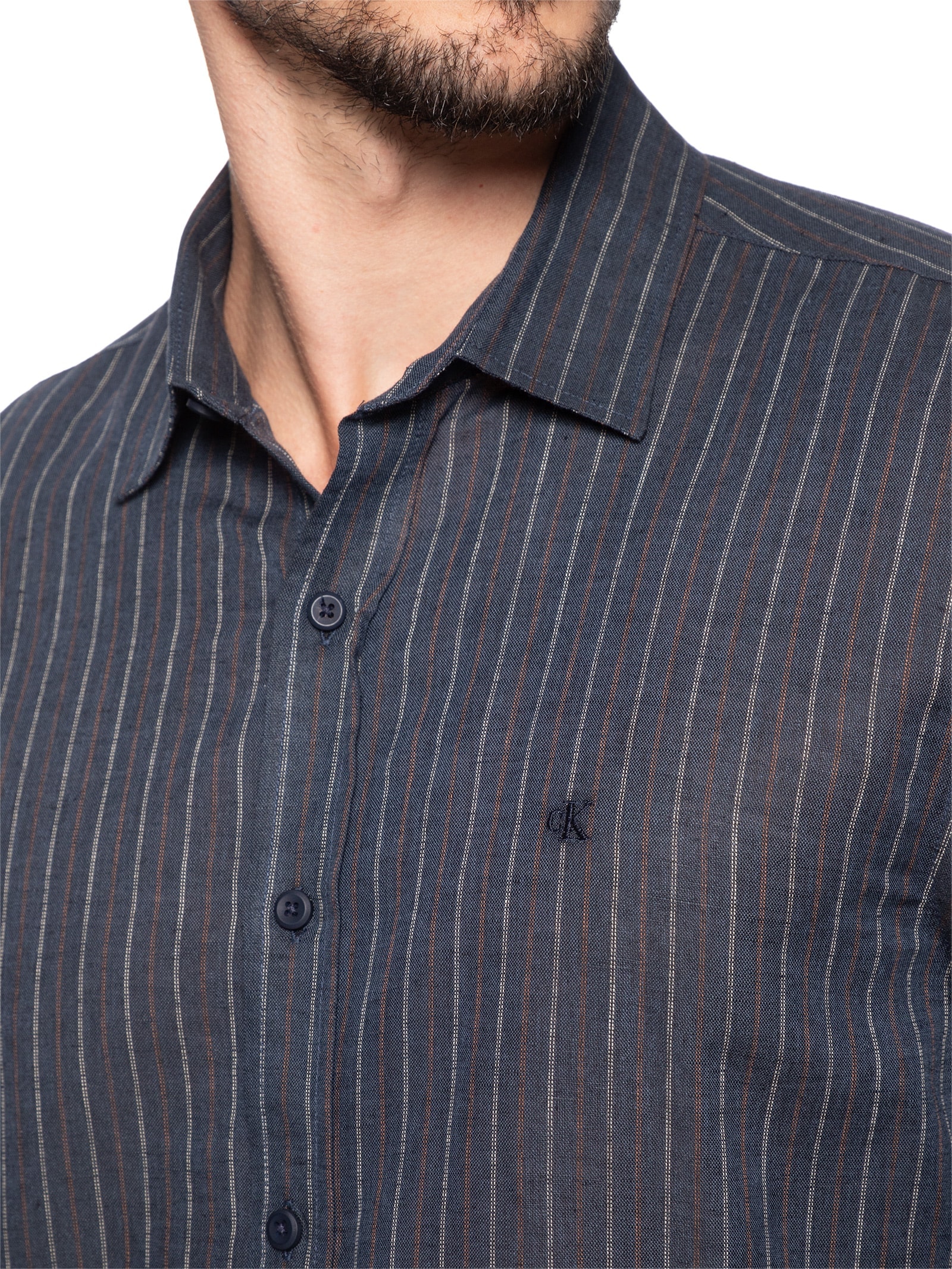 Camisa Masculina Casual Regular Fit Em Linho Stripes Azul Calvin Klein Jeans