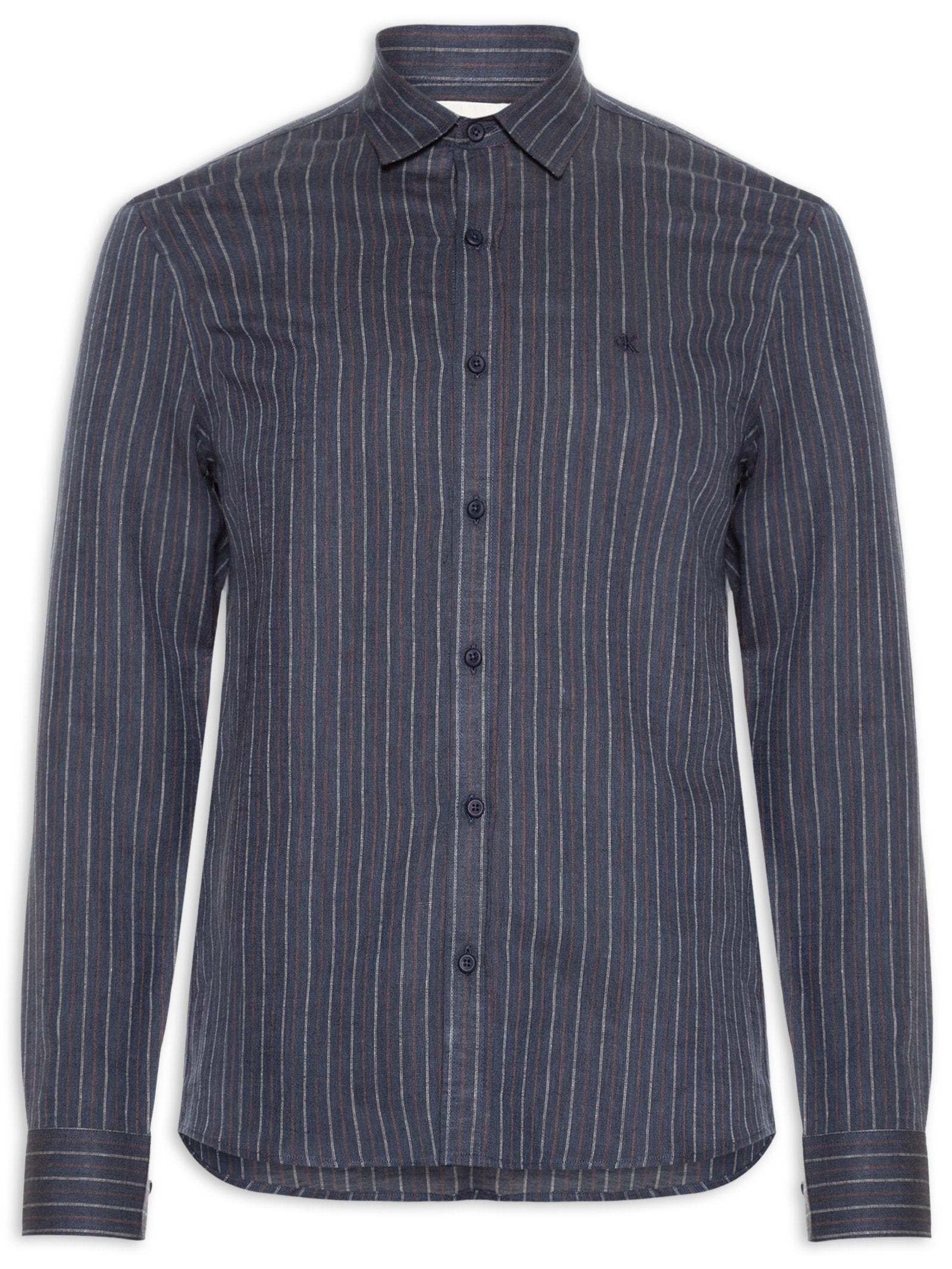 Camisa Masculina Casual Regular Fit Em Linho Stripes Azul Calvin Klein Jeans