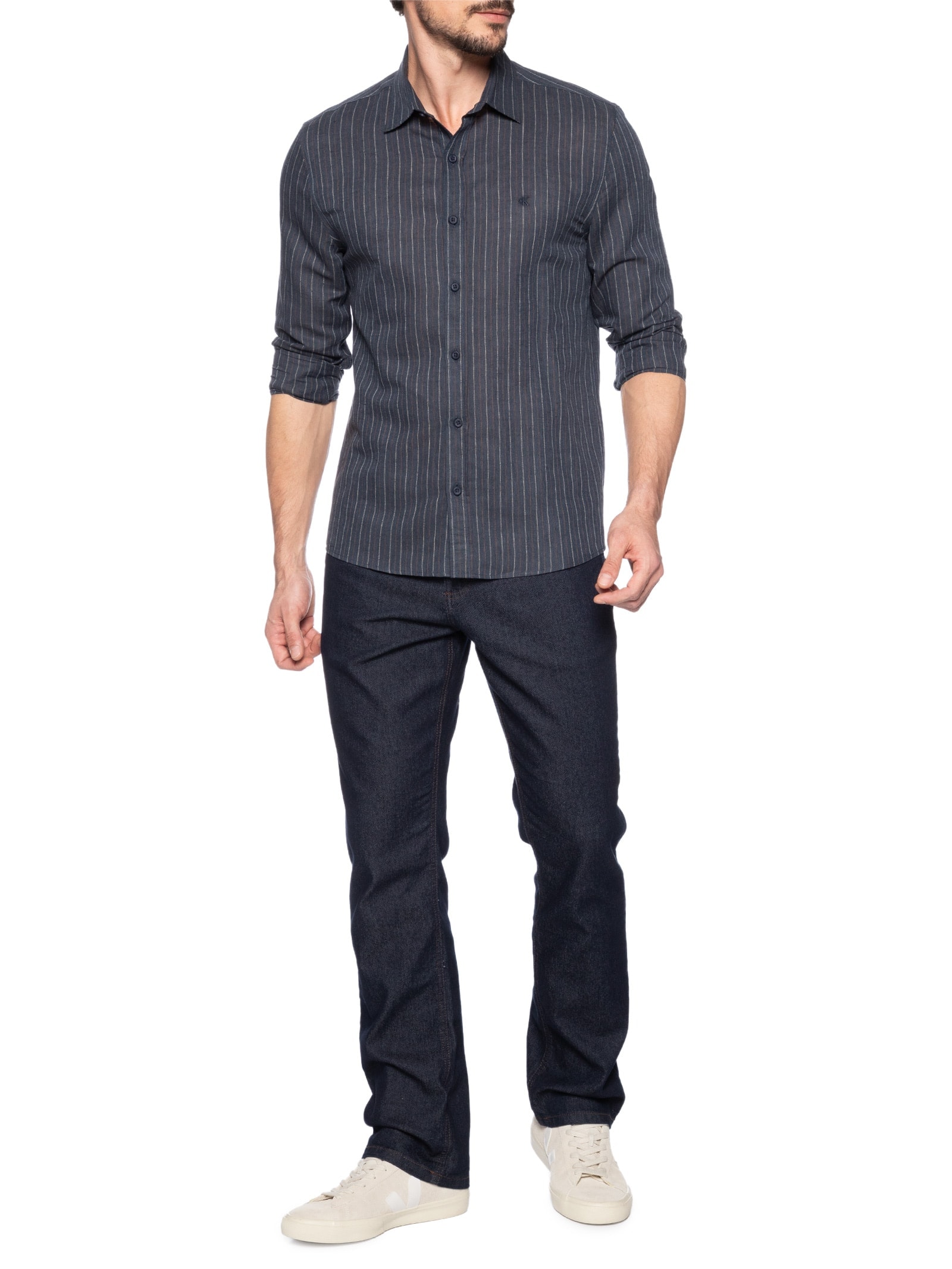 Camisa Masculina Casual Regular Fit Em Linho Stripes Azul Calvin Klein Jeans