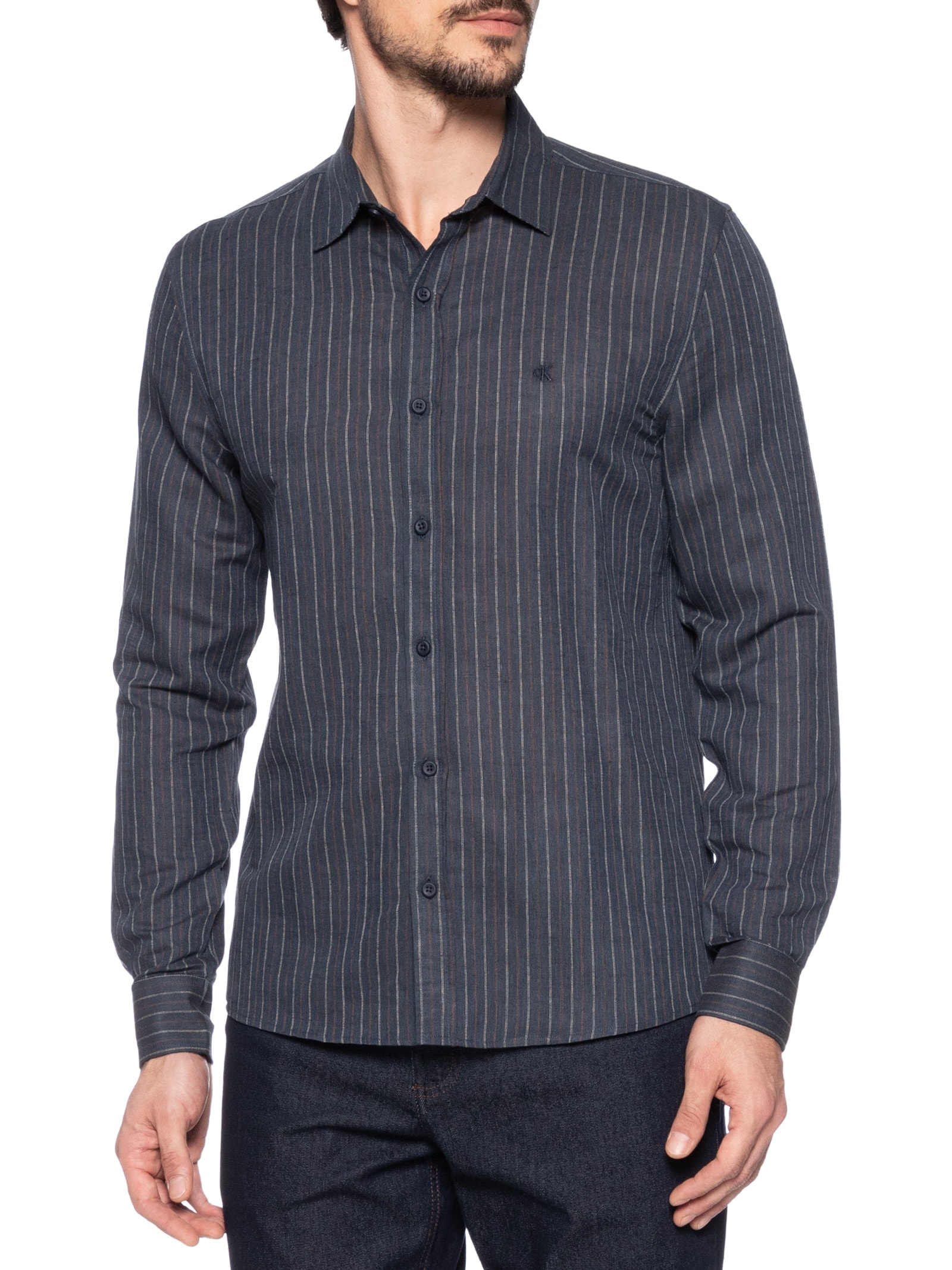 Camisa Masculina Casual Regular Fit Em Linho Stripes Azul Calvin Klein Jeans