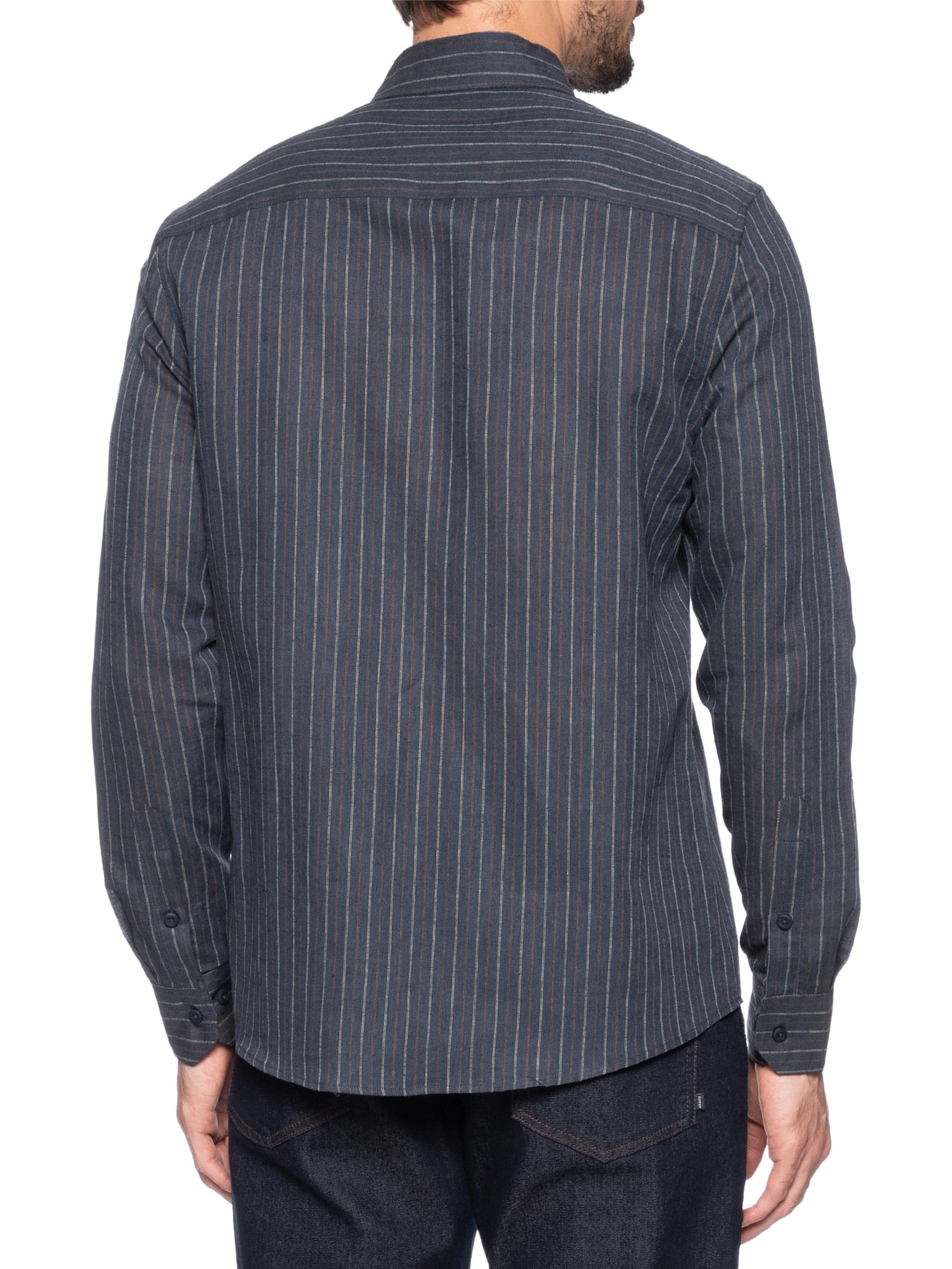 Camisa Masculina Casual Regular Fit Em Linho Stripes Azul Calvin Klein Jeans