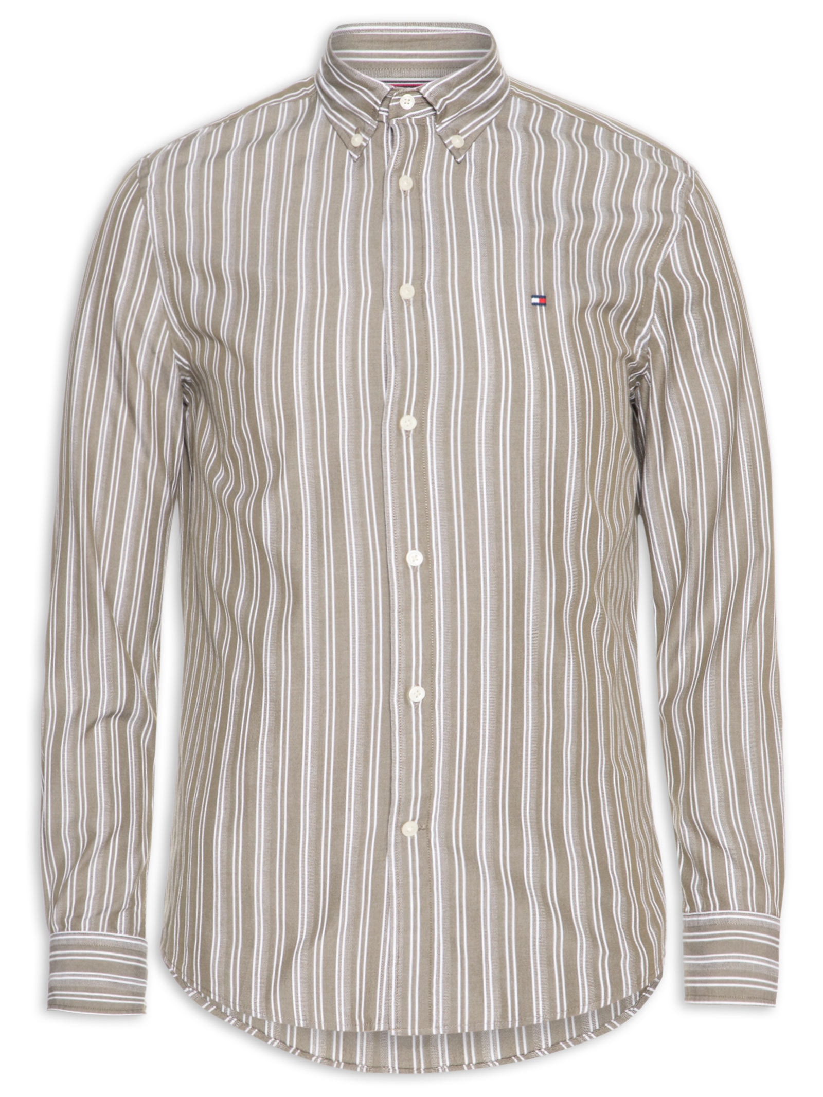 Camisa Masculina Casual Regular Fit Listrada Poplin Texture Verde Tommy Hilfiger