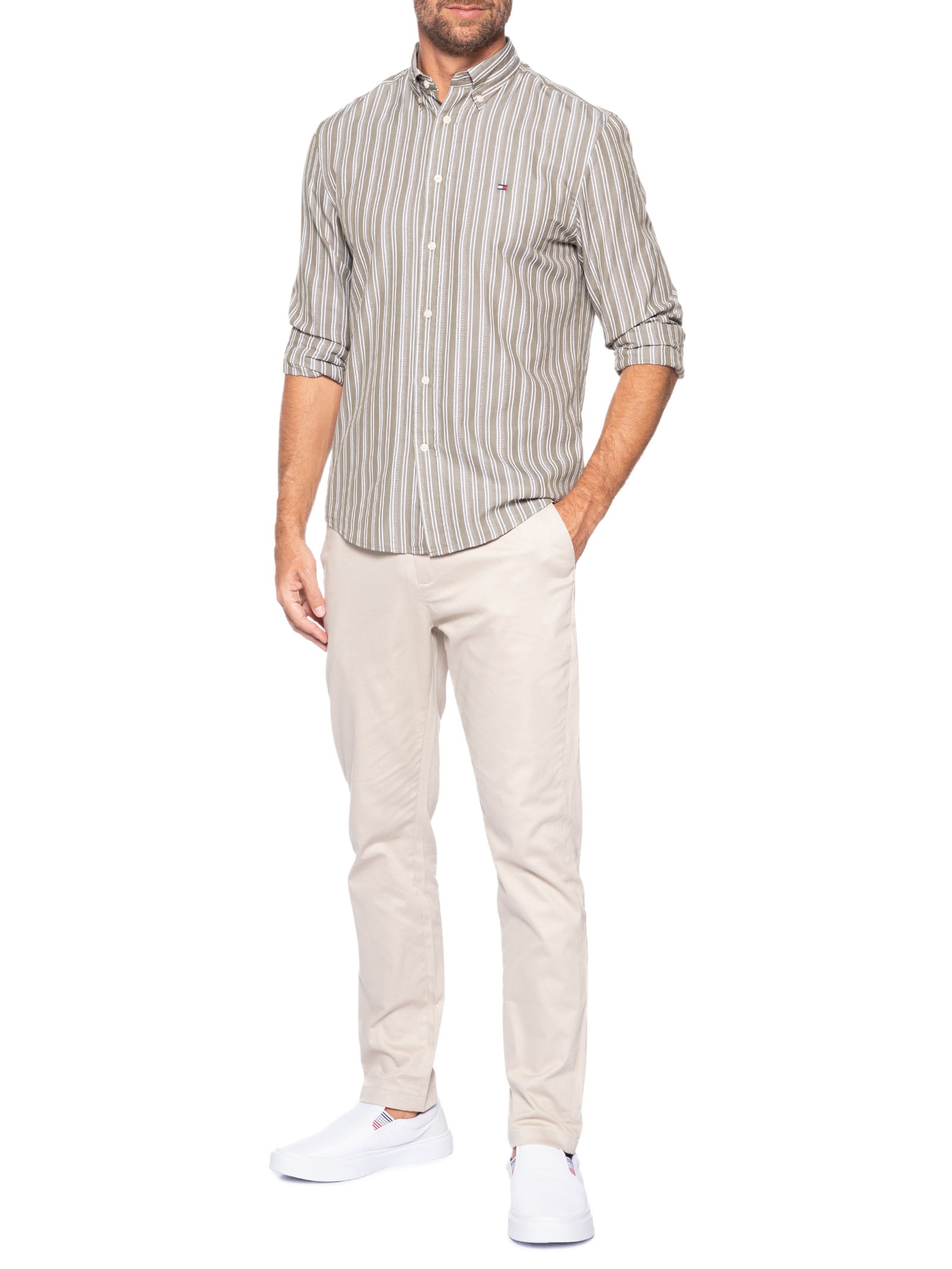 Camisa Masculina Casual Regular Fit Listrada Poplin Texture Verde Tommy Hilfiger