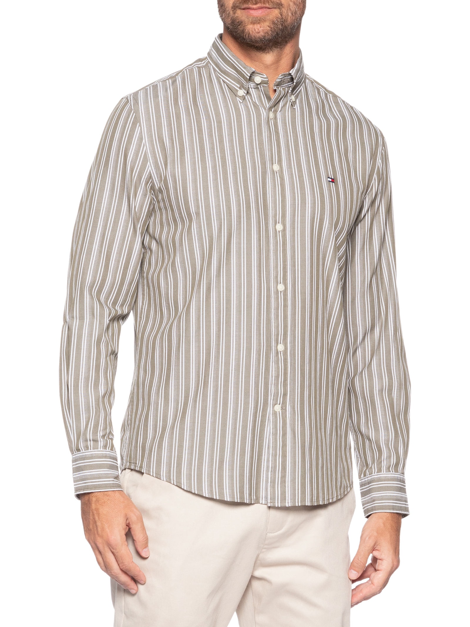 Camisa Masculina Casual Regular Fit Listrada Poplin Texture Verde Tommy Hilfiger