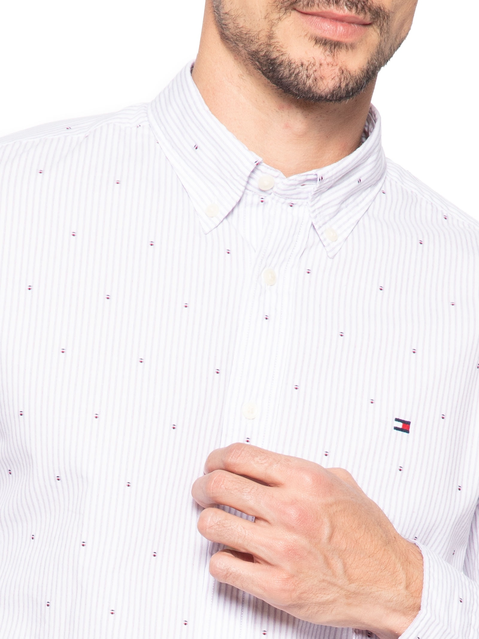 Camisa Masculina Casual Regular Fit Mini Flags Poplin Fil A Coupe Azul Tommy Hilfiger