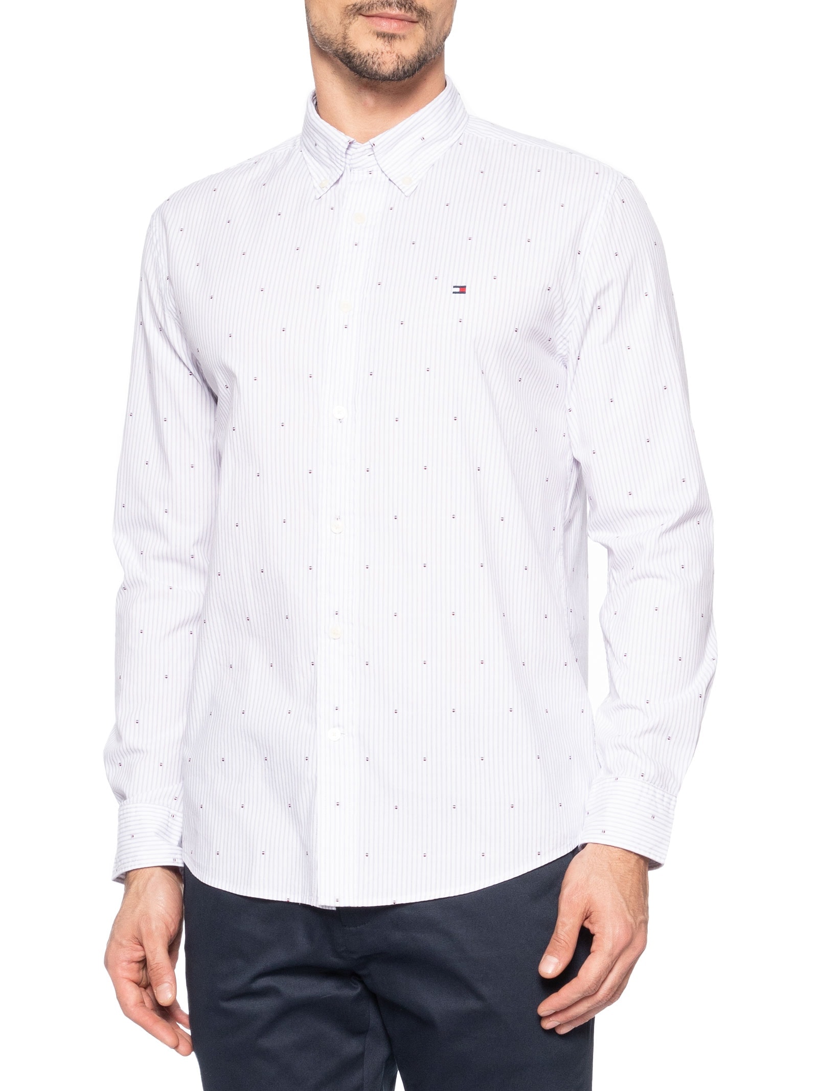 Camisa Masculina Casual Regular Fit Mini Flags Poplin Fil A Coupe Azul Tommy Hilfiger