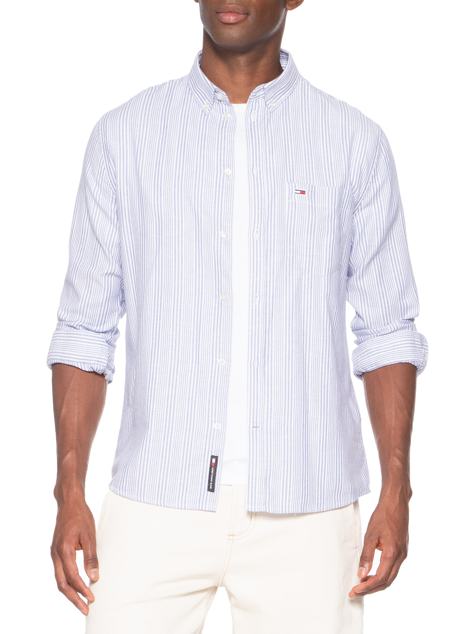 Camisa Masculina Casual Regular Fit Oxford Listrada Azul Tommy Jeans