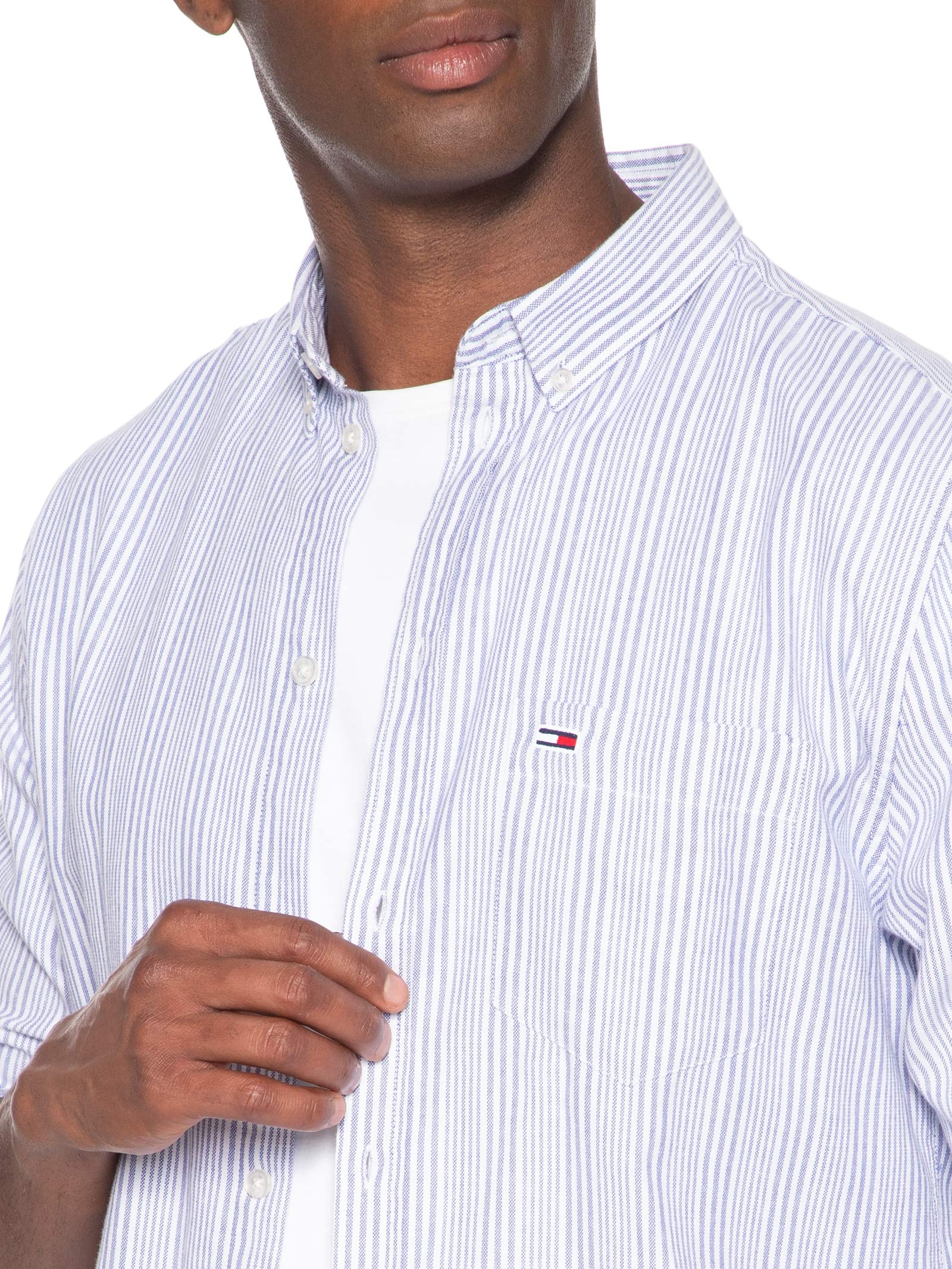 Camisa Masculina Casual Regular Fit Oxford Listrada Azul Tommy Jeans