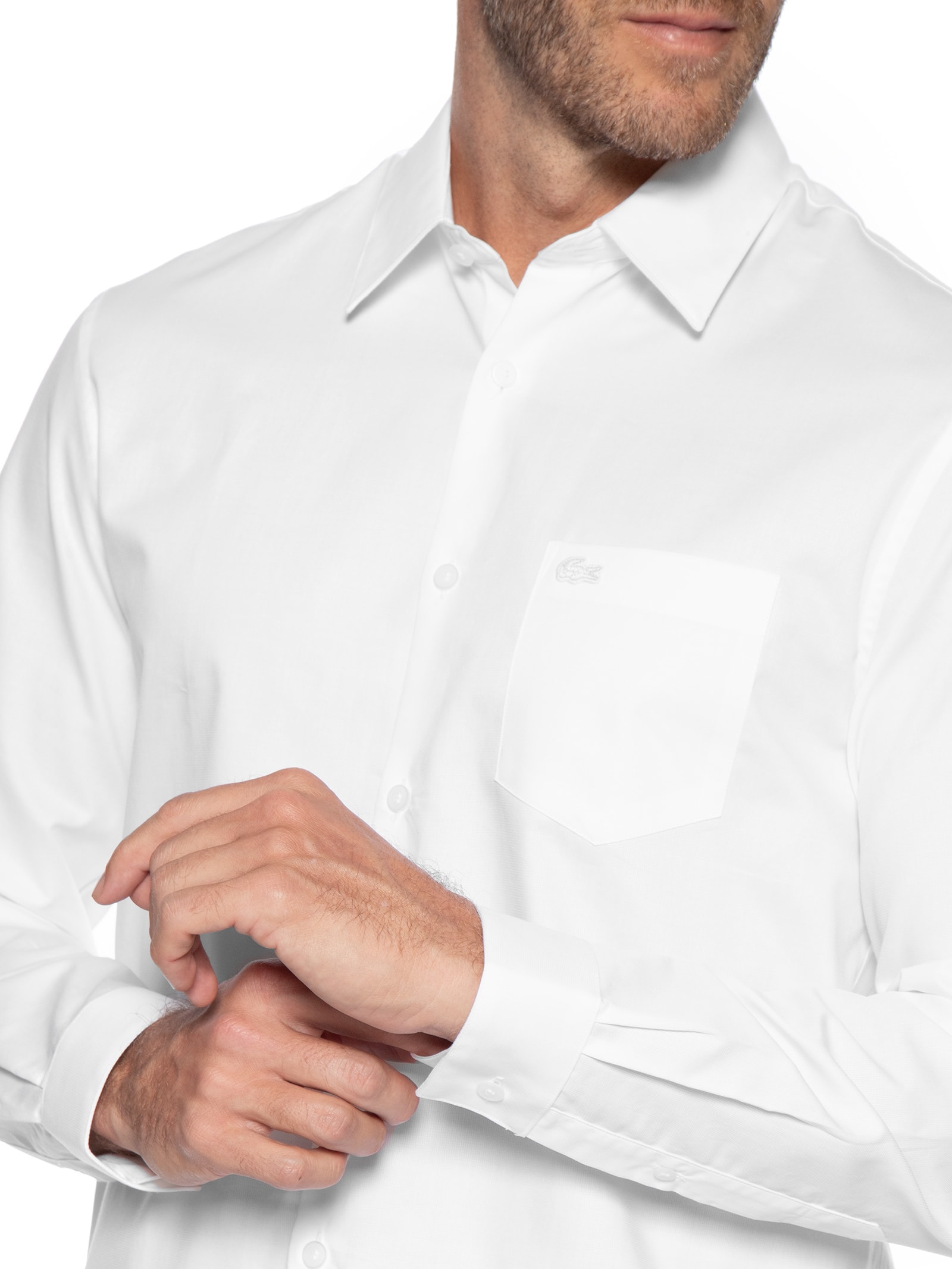 Camisa Masculina Casual Regular Fit Piquet Popeline Branco Lacoste