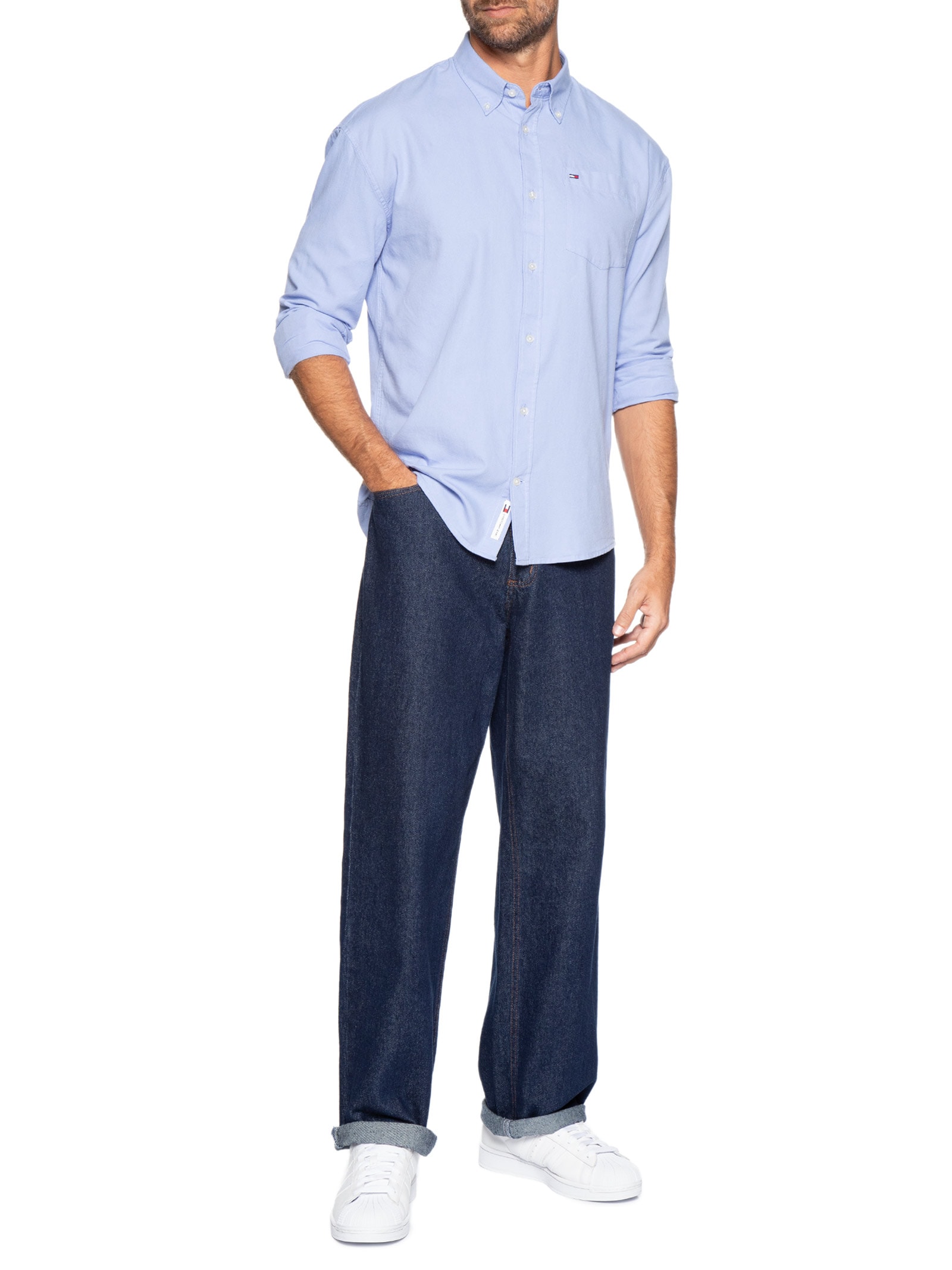 Camisa Masculina Casual Relaxed Fit Com Bolso Azul Tommy Jeans