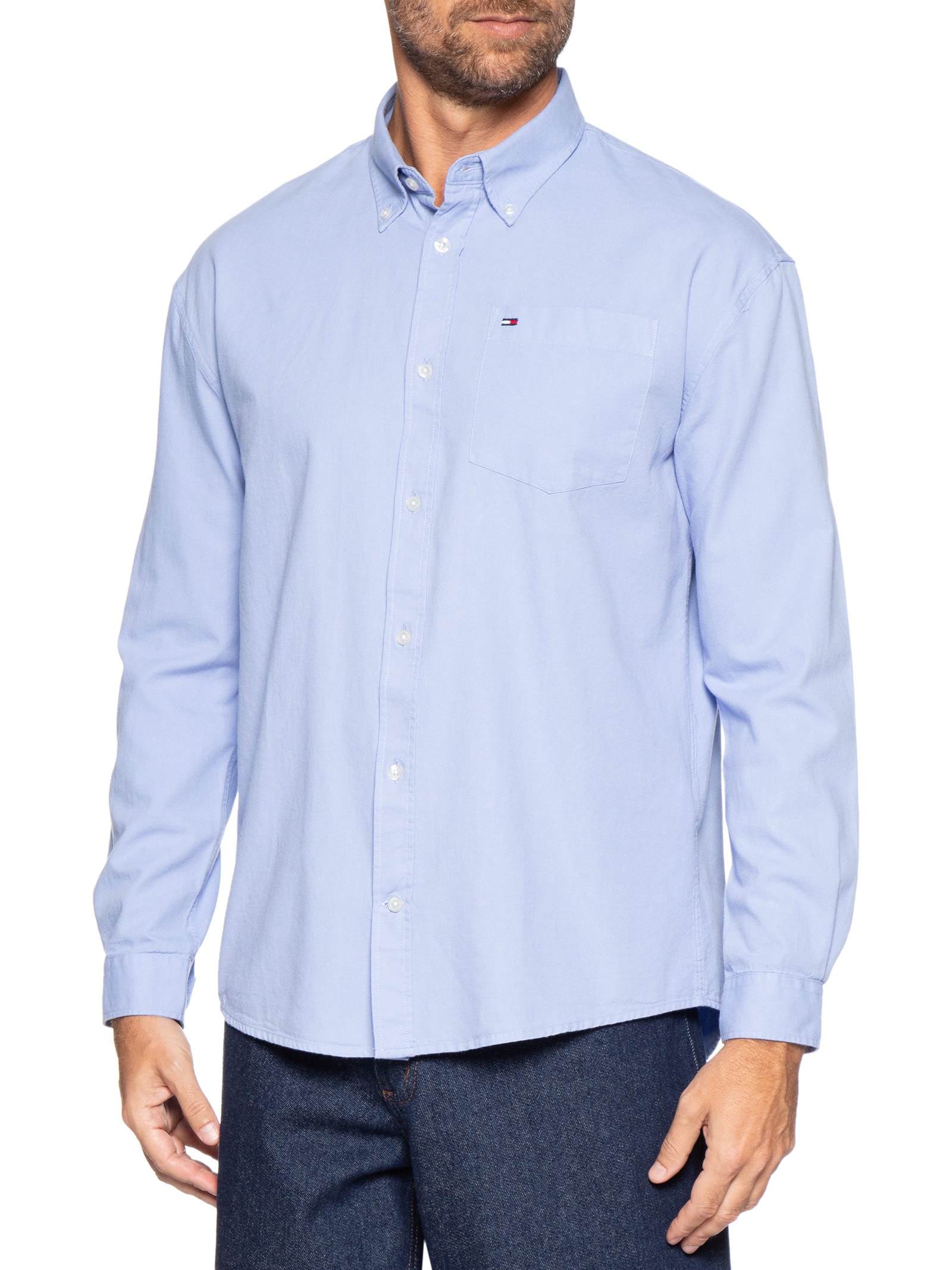 Camisa Masculina Casual Relaxed Fit Com Bolso Azul Tommy Jeans