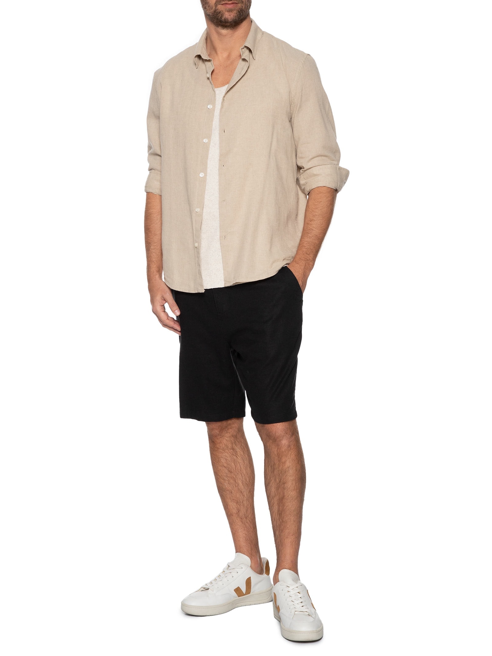 Camisa Masculina Casual Slim Fit Em Linho Bege Hering