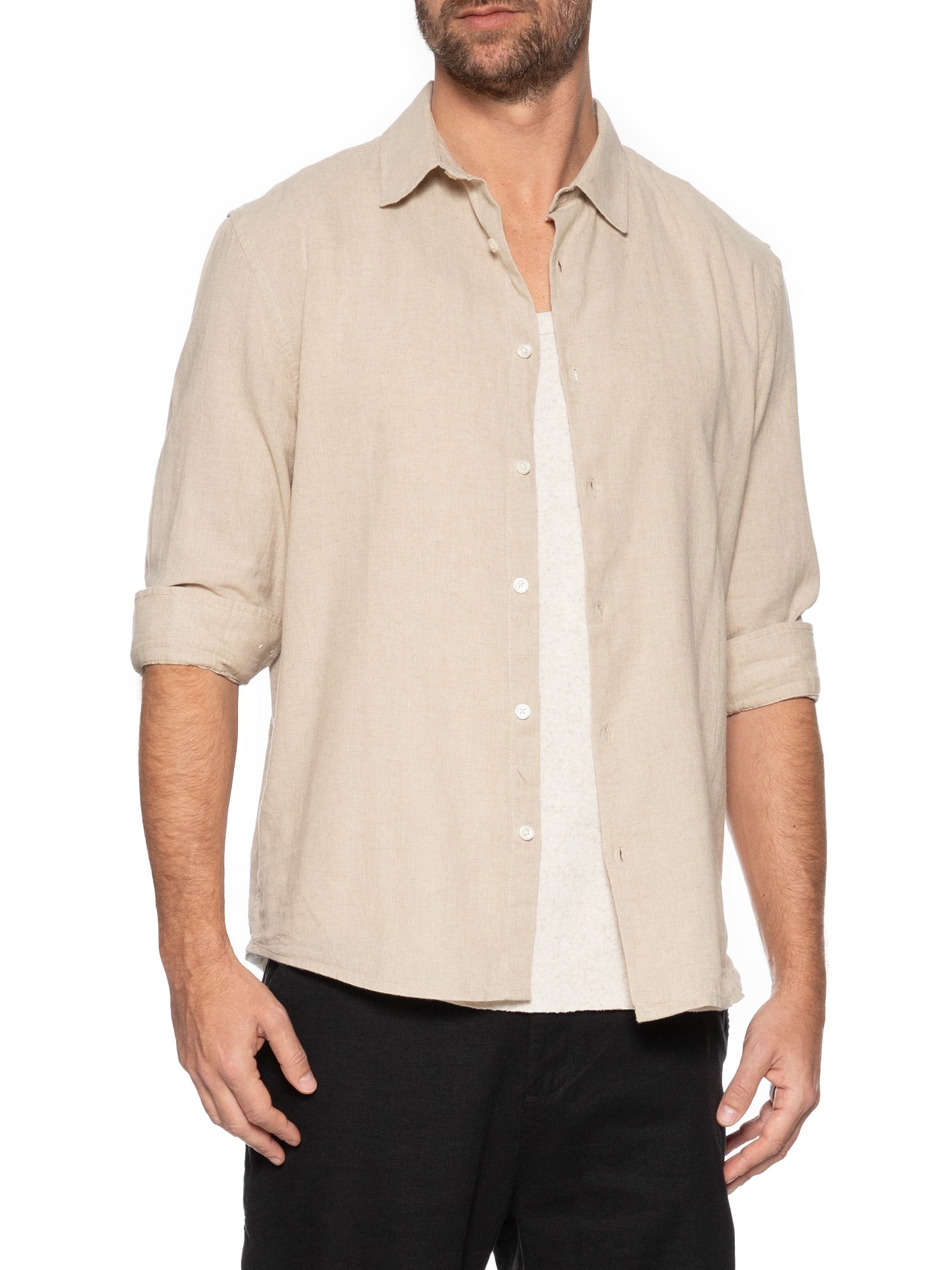 Camisa Masculina Casual Slim Fit Em Linho Bege Hering