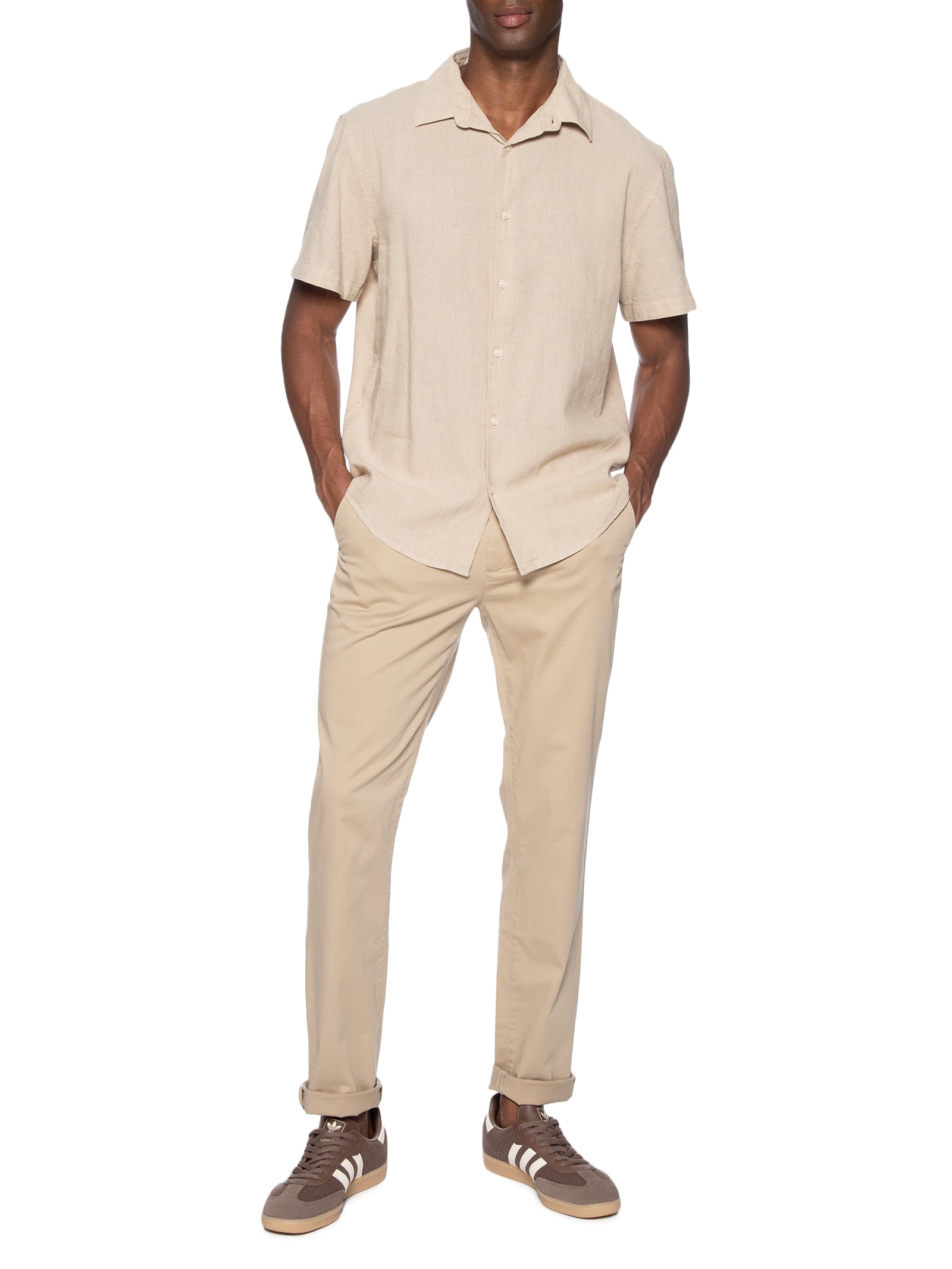 Camisa Masculina Casual Slim Fit Em Linho Com Algodão Bege Hering