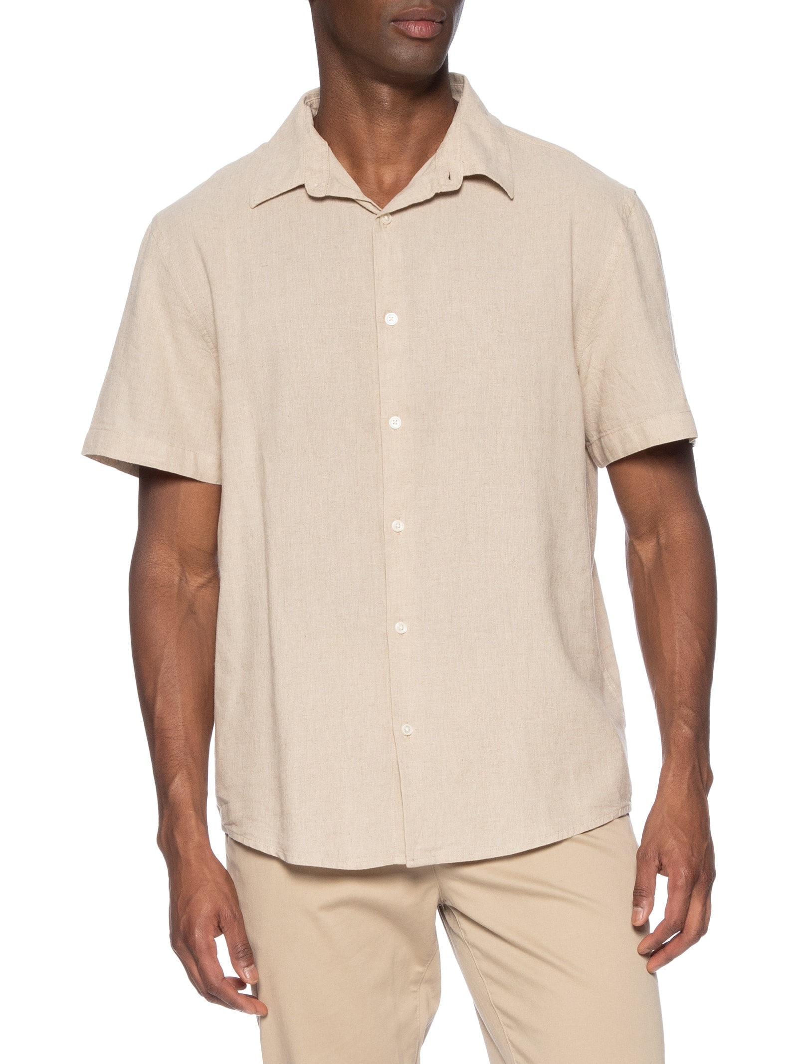 Camisa Masculina Casual Slim Fit Em Linho Com Algodão Bege Hering