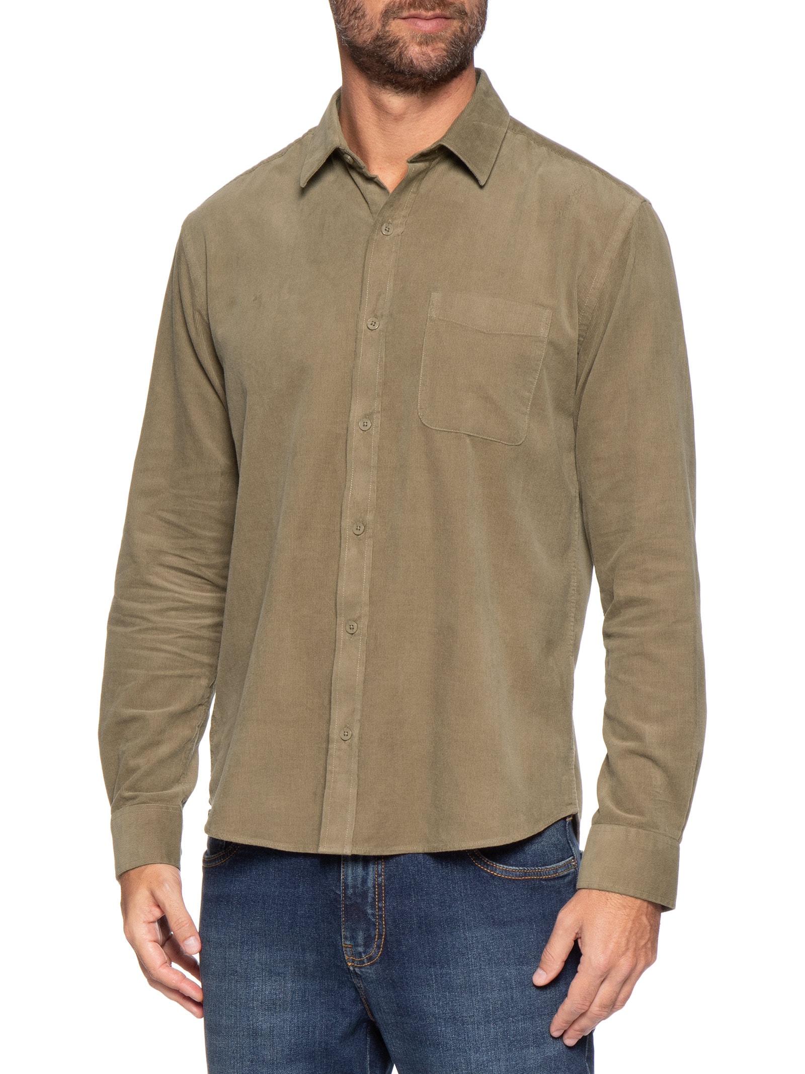Camisa Masculina Casual Veludo Lisa Basic Bege Foxton
