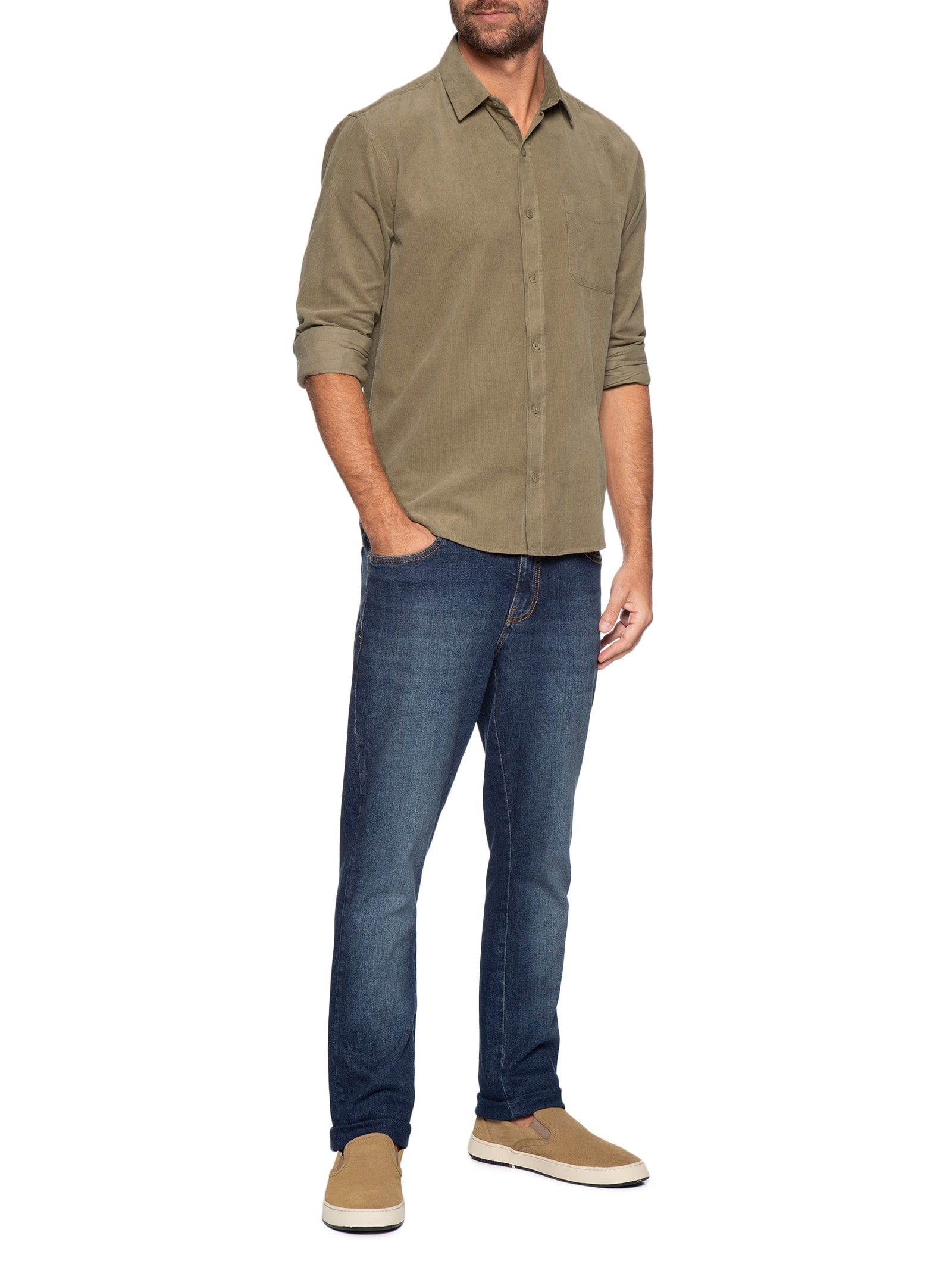 Camisa Masculina Casual Veludo Lisa Basic Bege Foxton