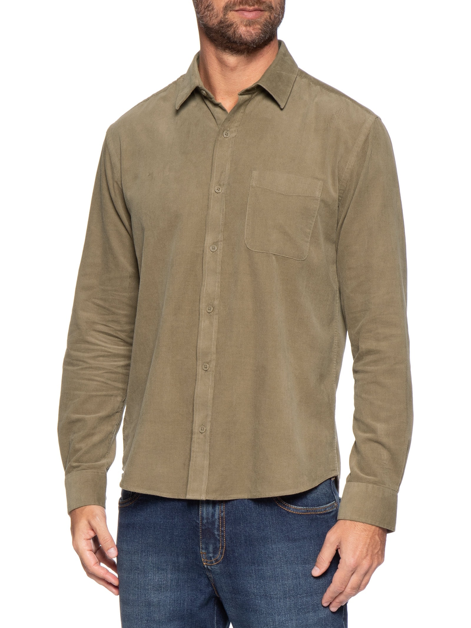 Camisa Masculina Casual Veludo Lisa Basic Bege Foxton