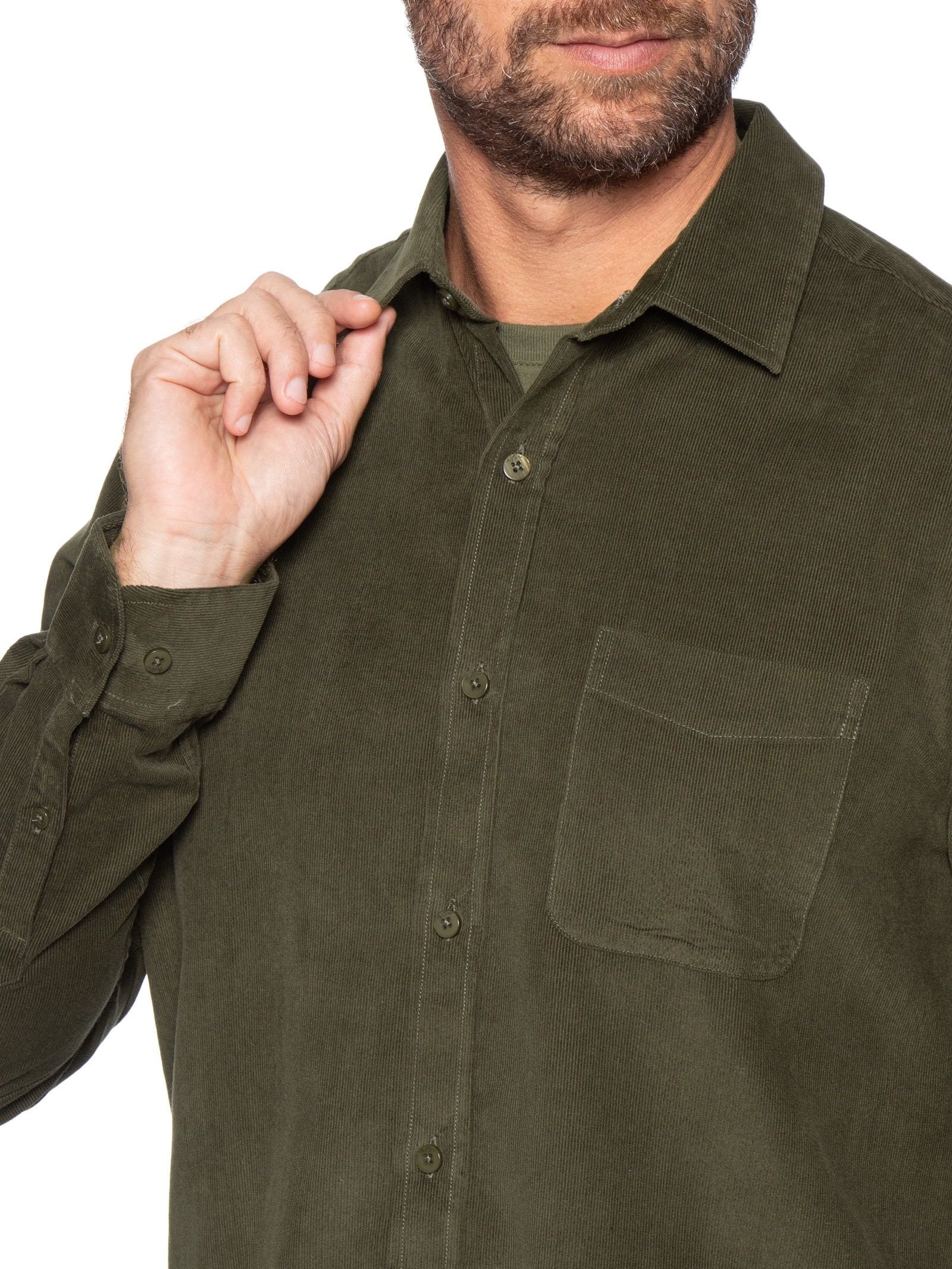 Camisa Masculina Casual Veludo Lisa Basic Verde Foxton