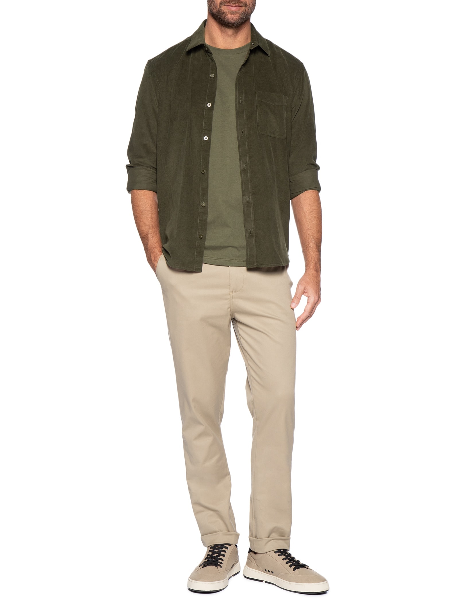 Camisa Masculina Casual Veludo Lisa Basic Verde Foxton
