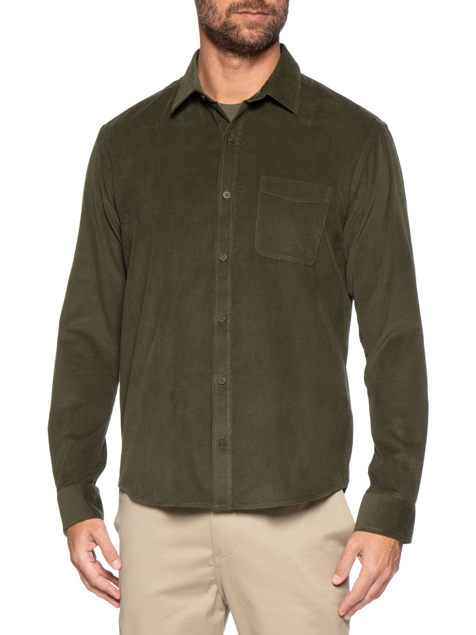 Camisa Masculina Casual Veludo Lisa Basic Verde Foxton