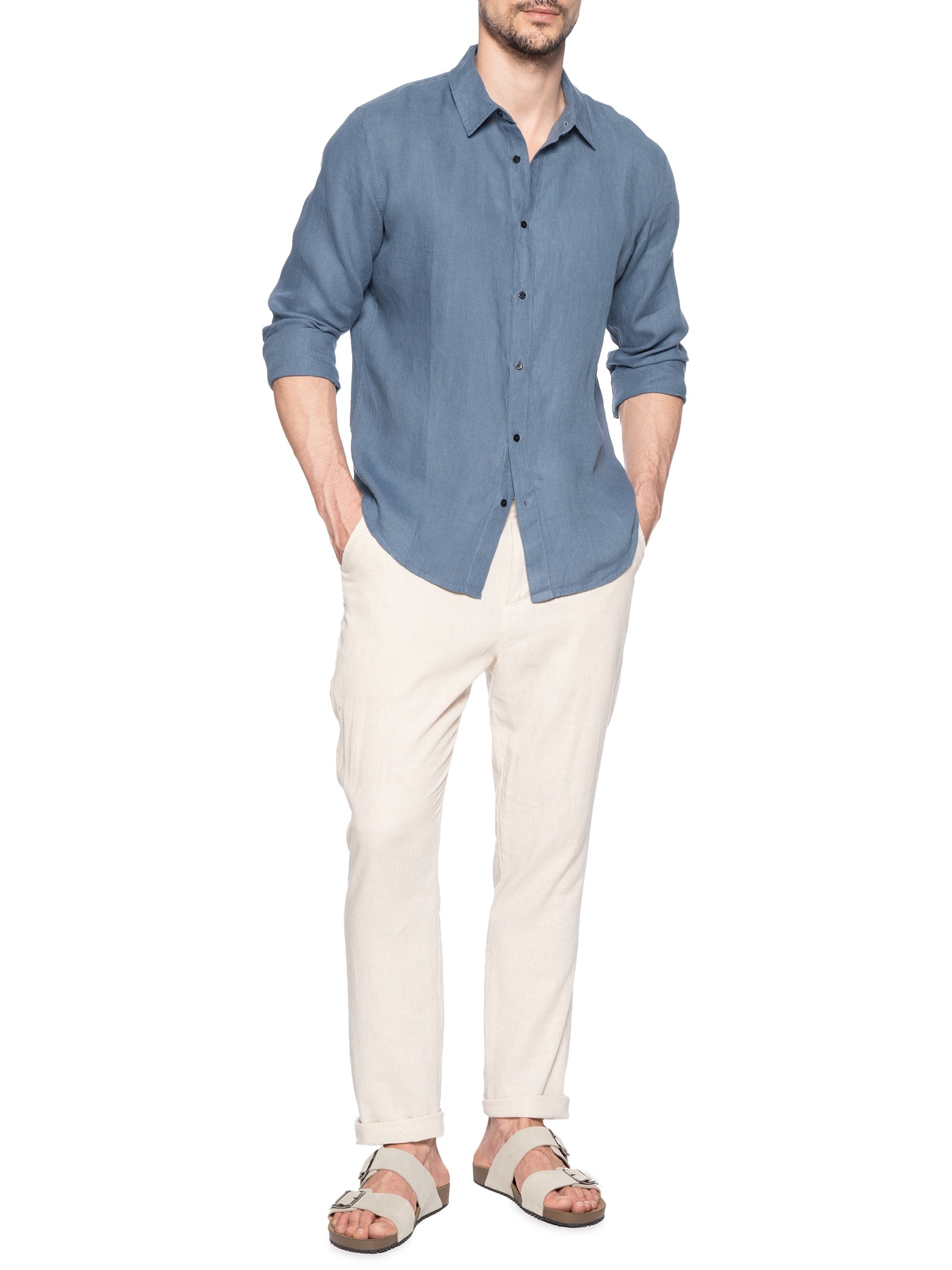 Camisa Masculina Classic Linen New Manga Longa Linho Azul Osklen