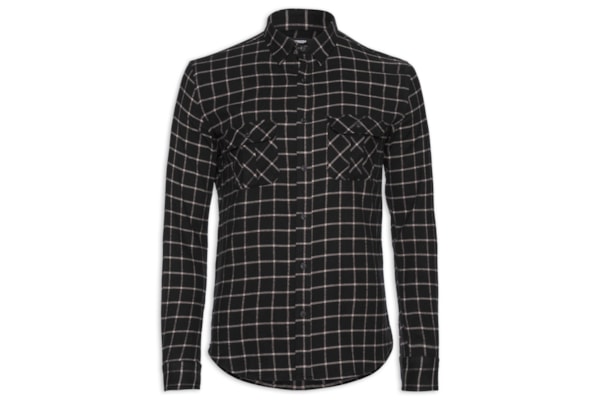 Camisa Masculina Com 2 Bolsos Flannel Quadros - Preto