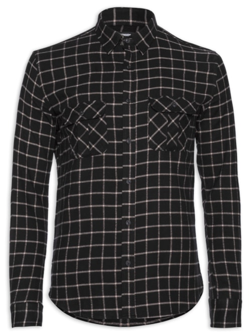 Camisa Masculina Com 2 Bolsos Flannel Quadros – Preto
