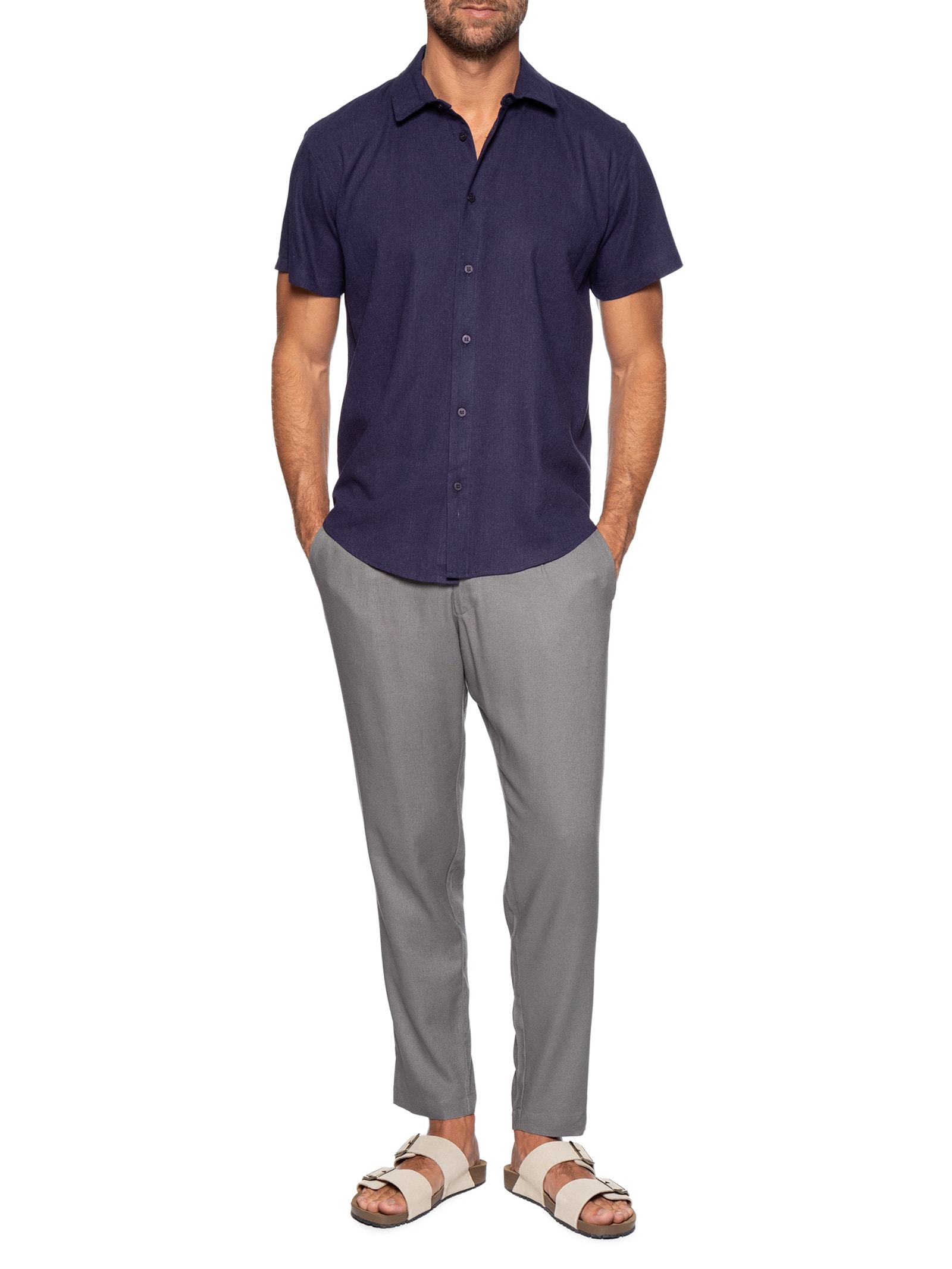 Camisa Masculina De Linho Ilha Manga Curta Azul Hio