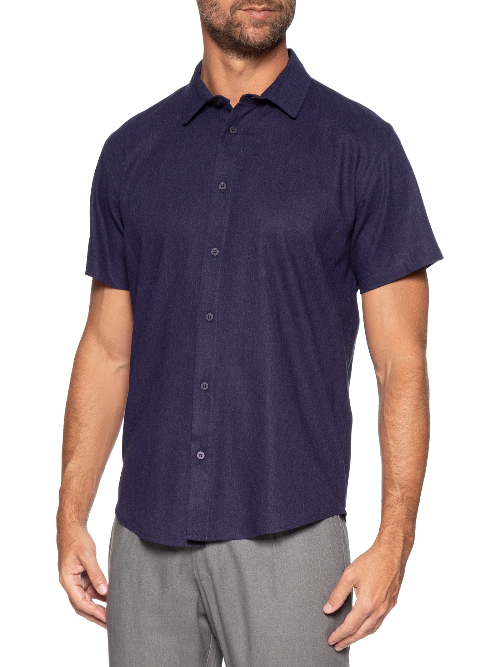 Camisa Masculina De Linho Ilha Manga Curta Azul Hio