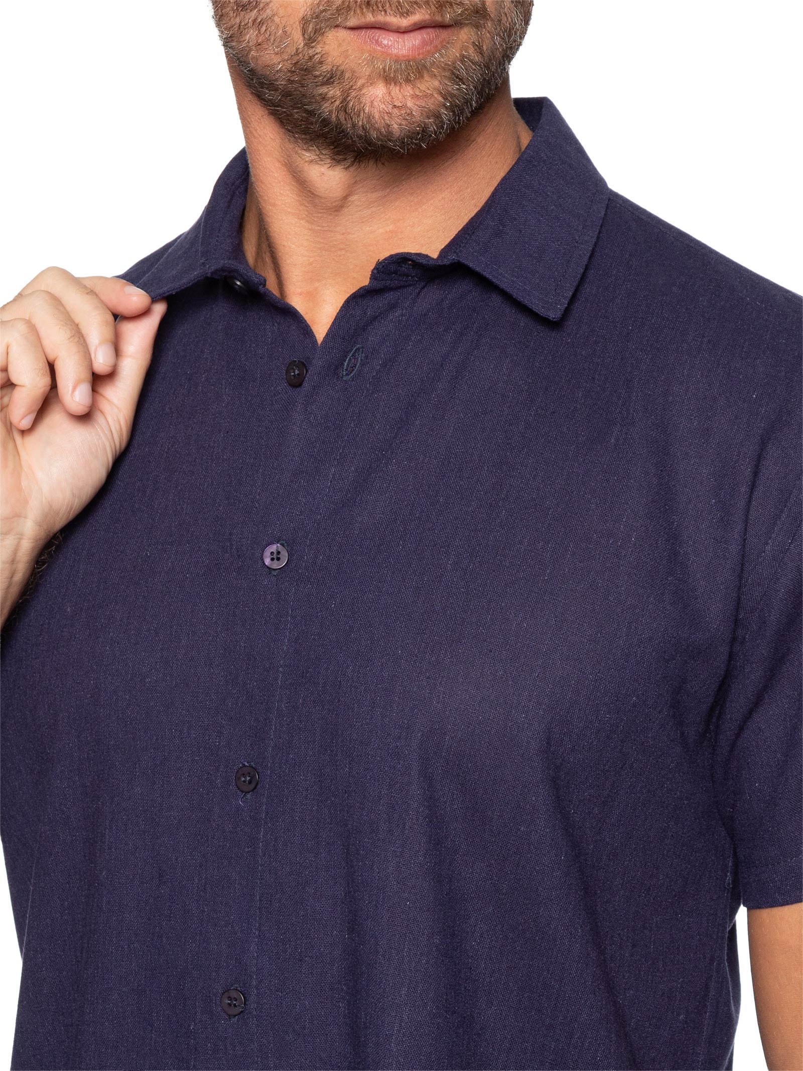 Camisa Masculina De Linho Ilha Manga Curta Azul Hio