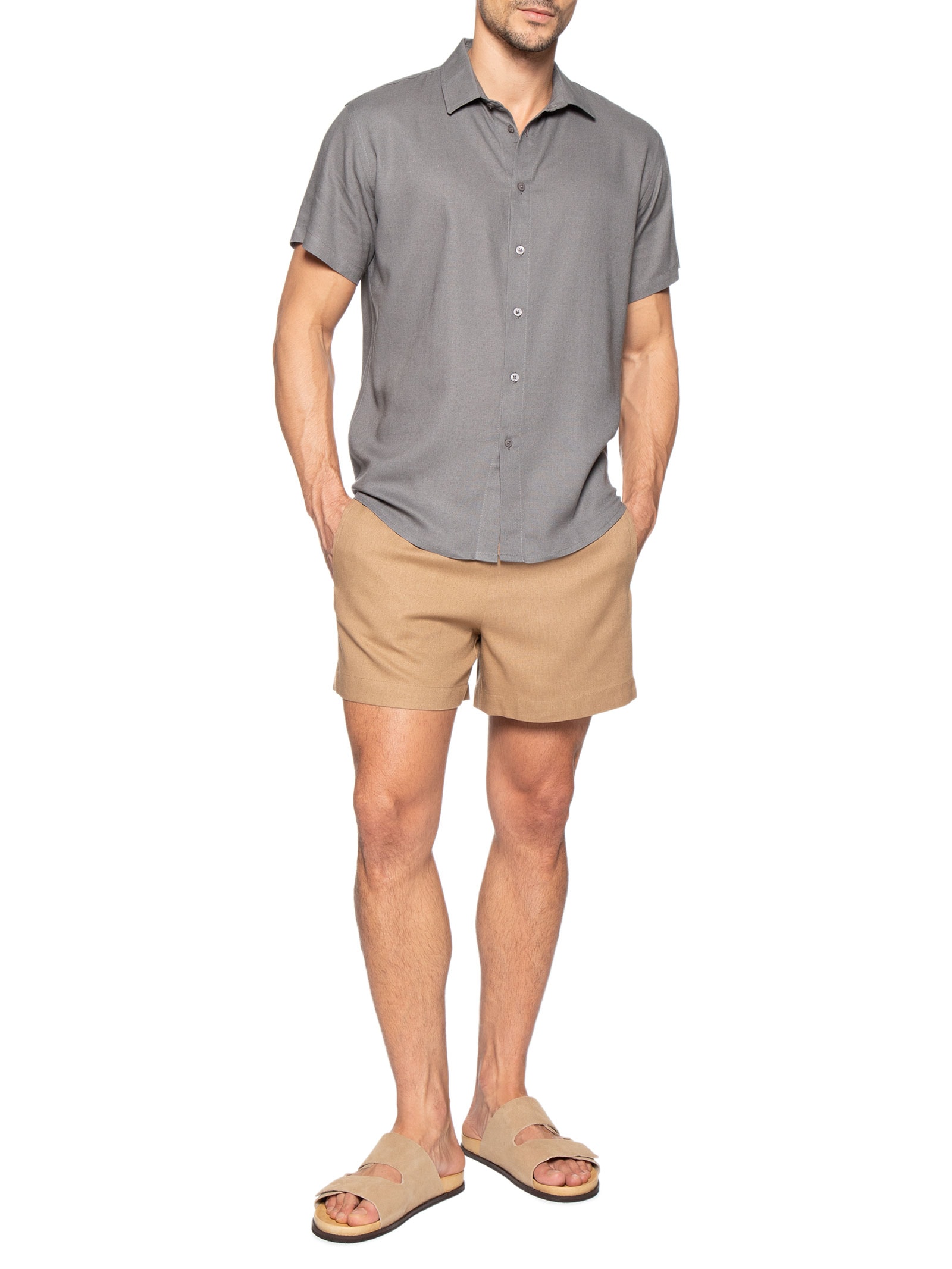 Camisa Masculina De Linho Ilha Manga Curta Cinza Hio