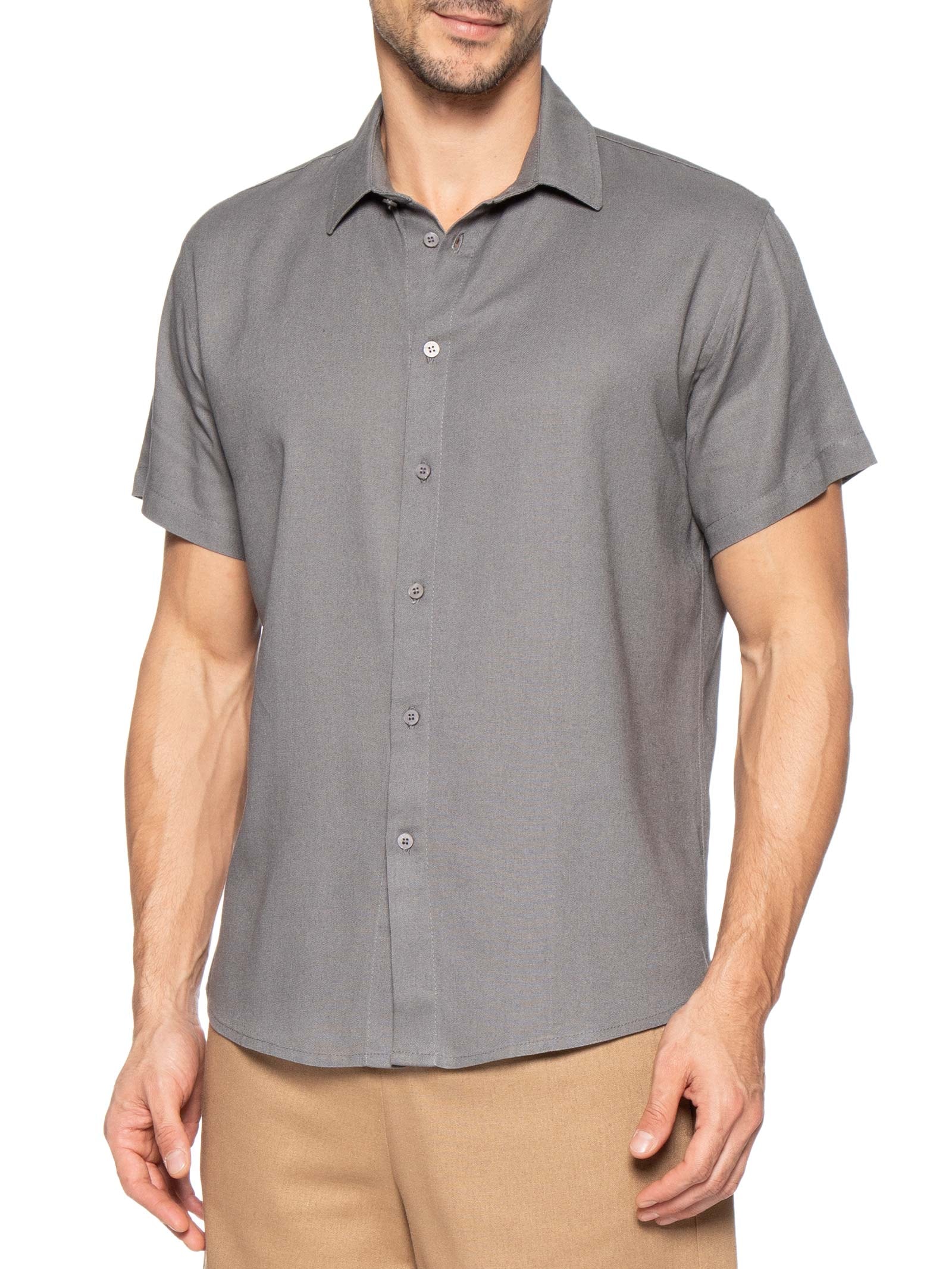Camisa Masculina De Linho Ilha Manga Curta Cinza Hio