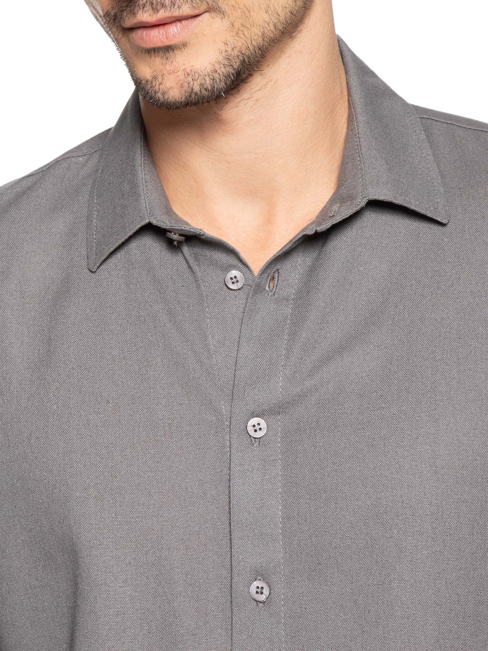 Camisa Masculina De Linho Ilha Manga Curta Cinza Hio