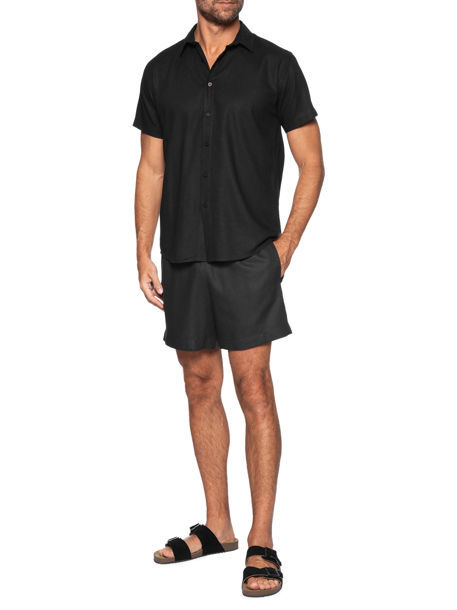 Camisa Masculina De Linho Ilha Manga Curta Preto Hio