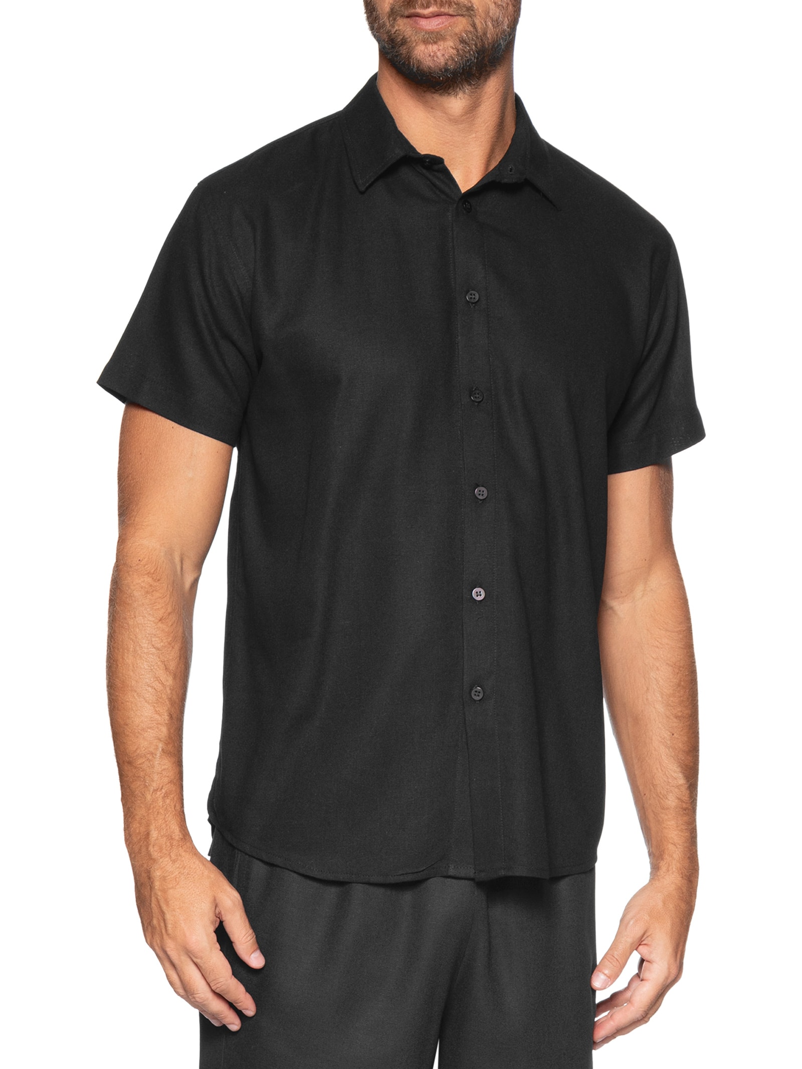 Camisa Masculina De Linho Ilha Manga Curta Preto Hio