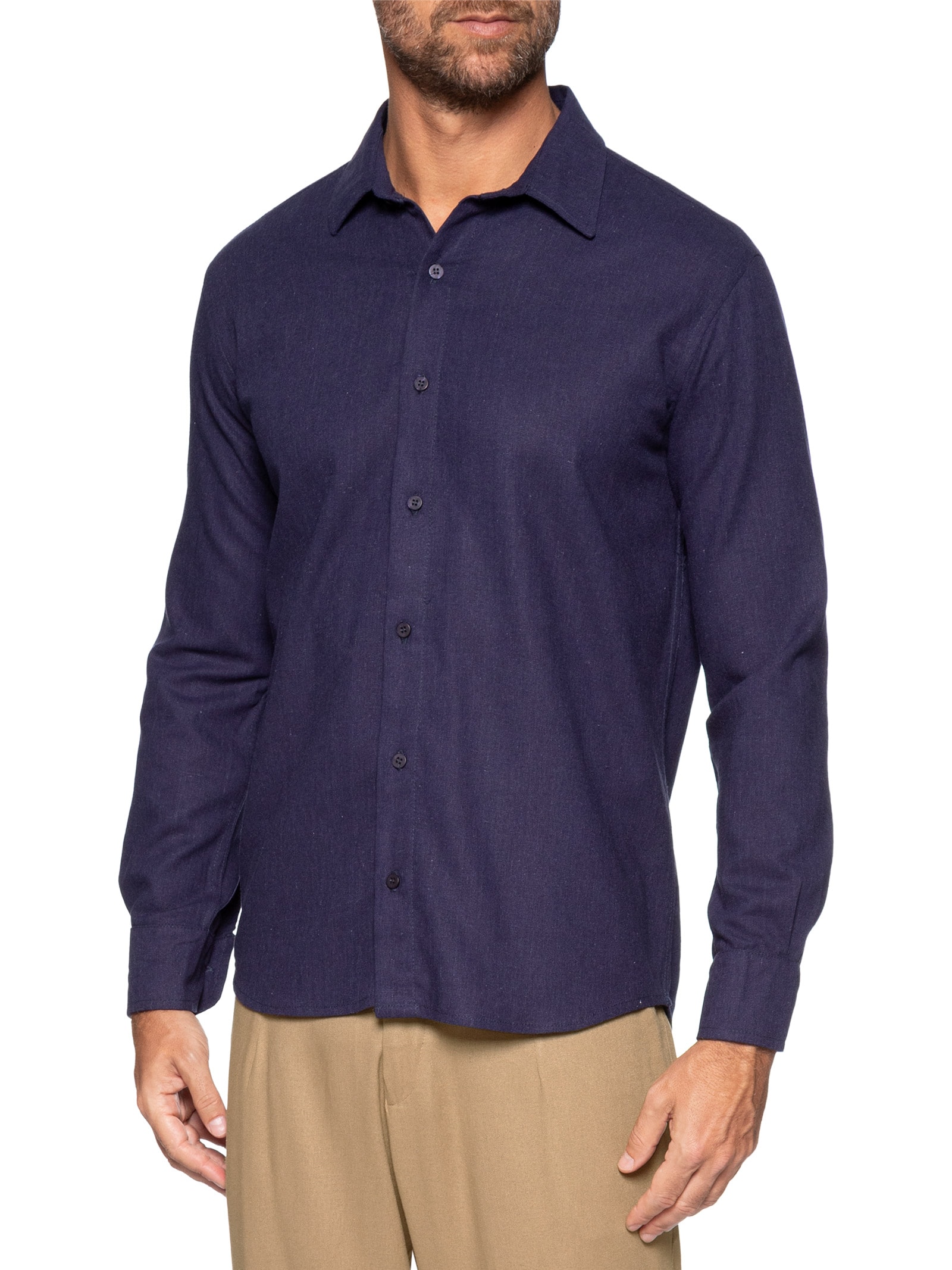 Camisa Masculina De Linho Litoral Manga Longa Azul Hio