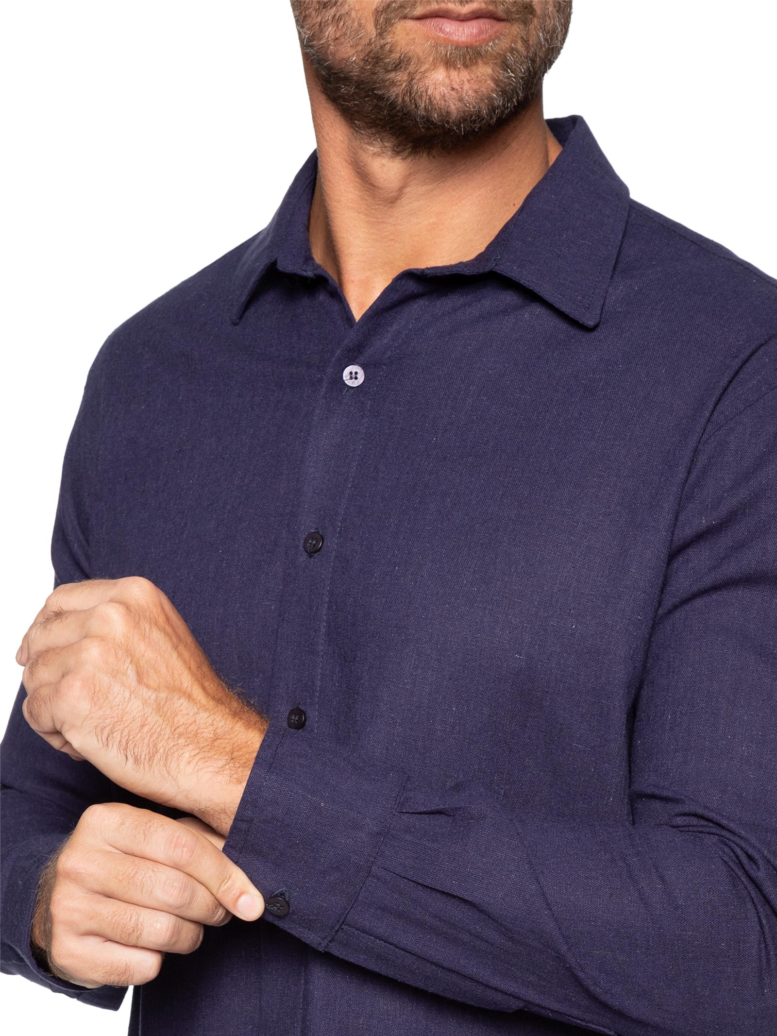 Camisa Masculina De Linho Litoral Manga Longa Azul Hio