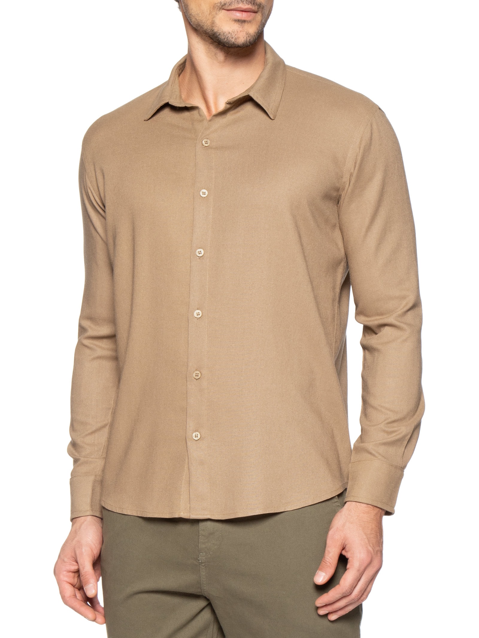 Camisa Masculina De Linho Litoral Manga Longa Bege Hio