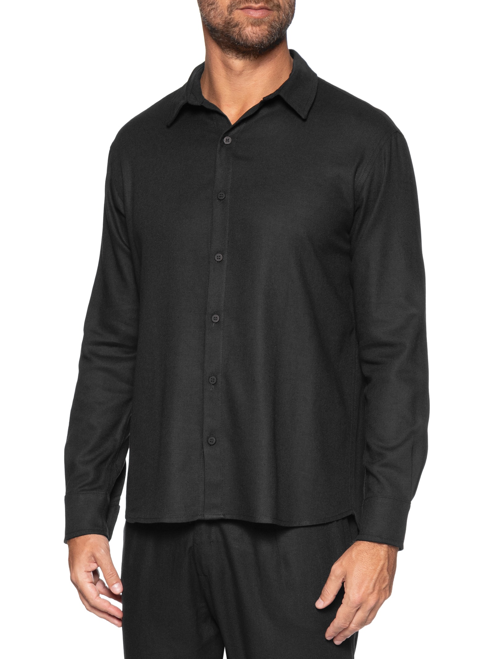 Camisa Masculina De Linho Litoral Manga Longa Preto Hio