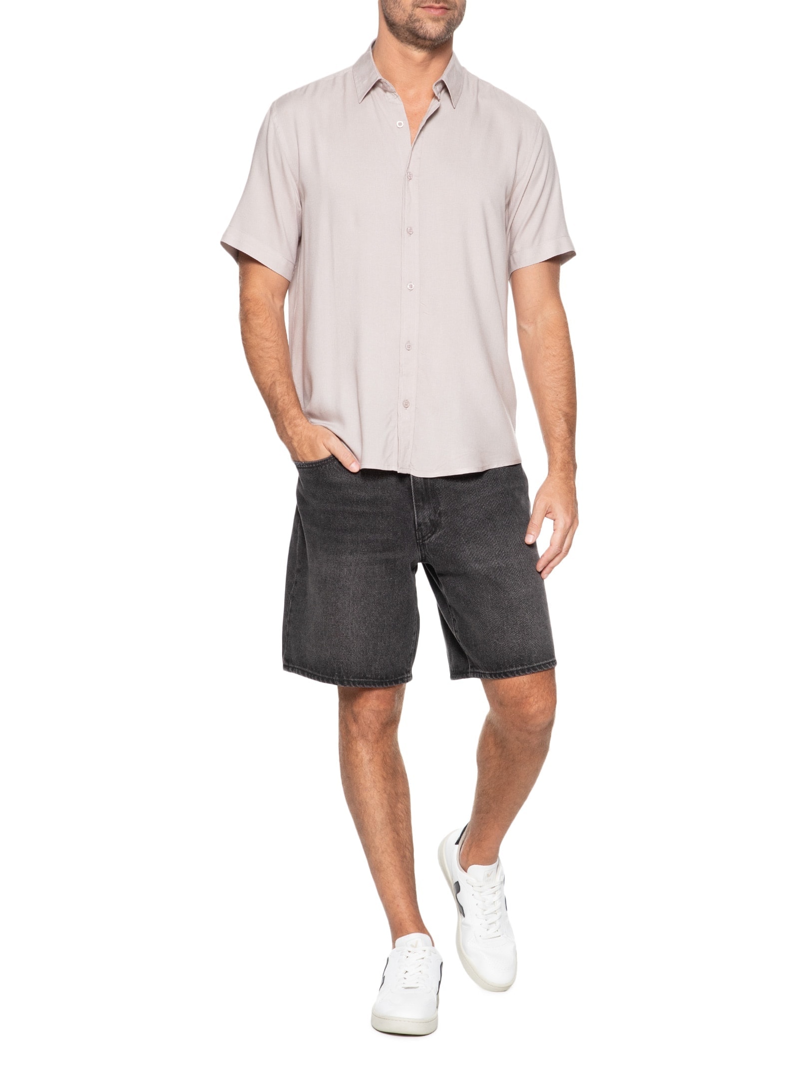 Camisa Masculina De Viscose Manga Curta Cinza Basiq Men