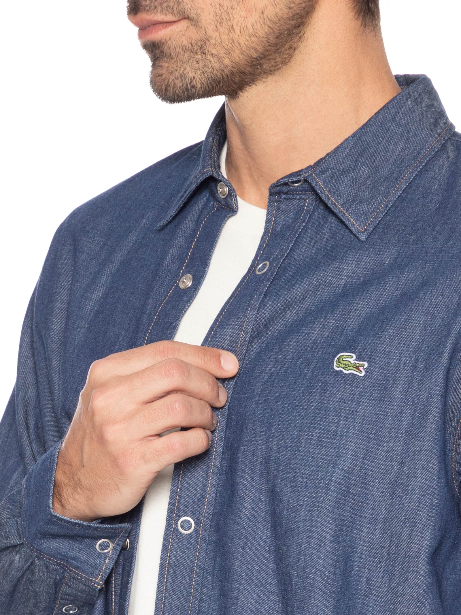 Camisa Masculina Denim Regular Fit Azul Lacoste