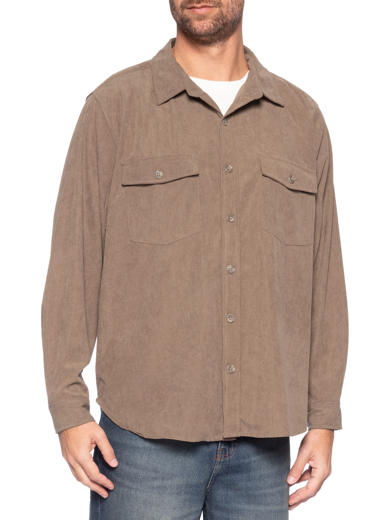 Camisa Masculina em Cotelê Marrom Basiq Men
