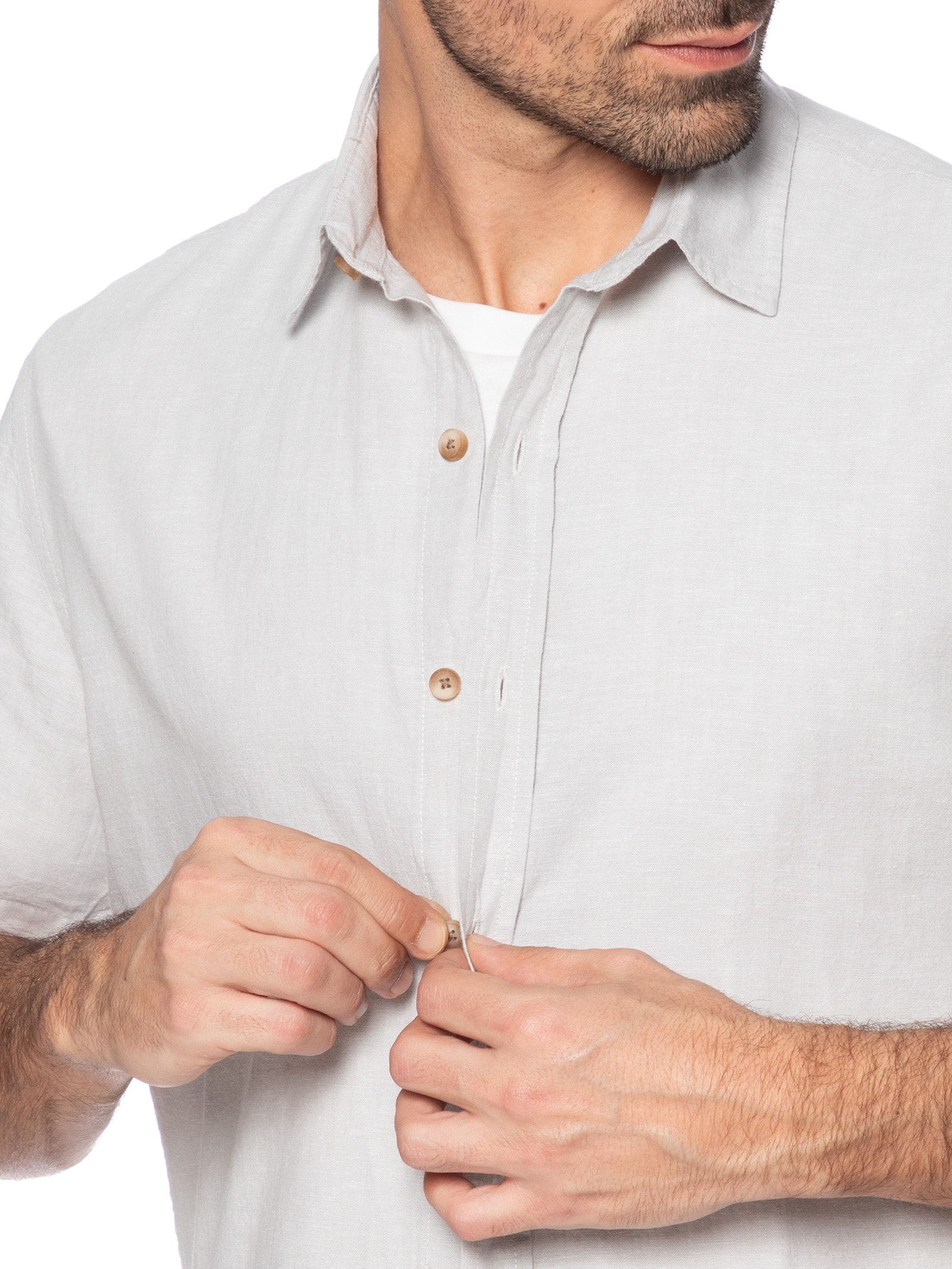 Camisa Masculina Em Linho Belize Manga Curta Cinza Austral